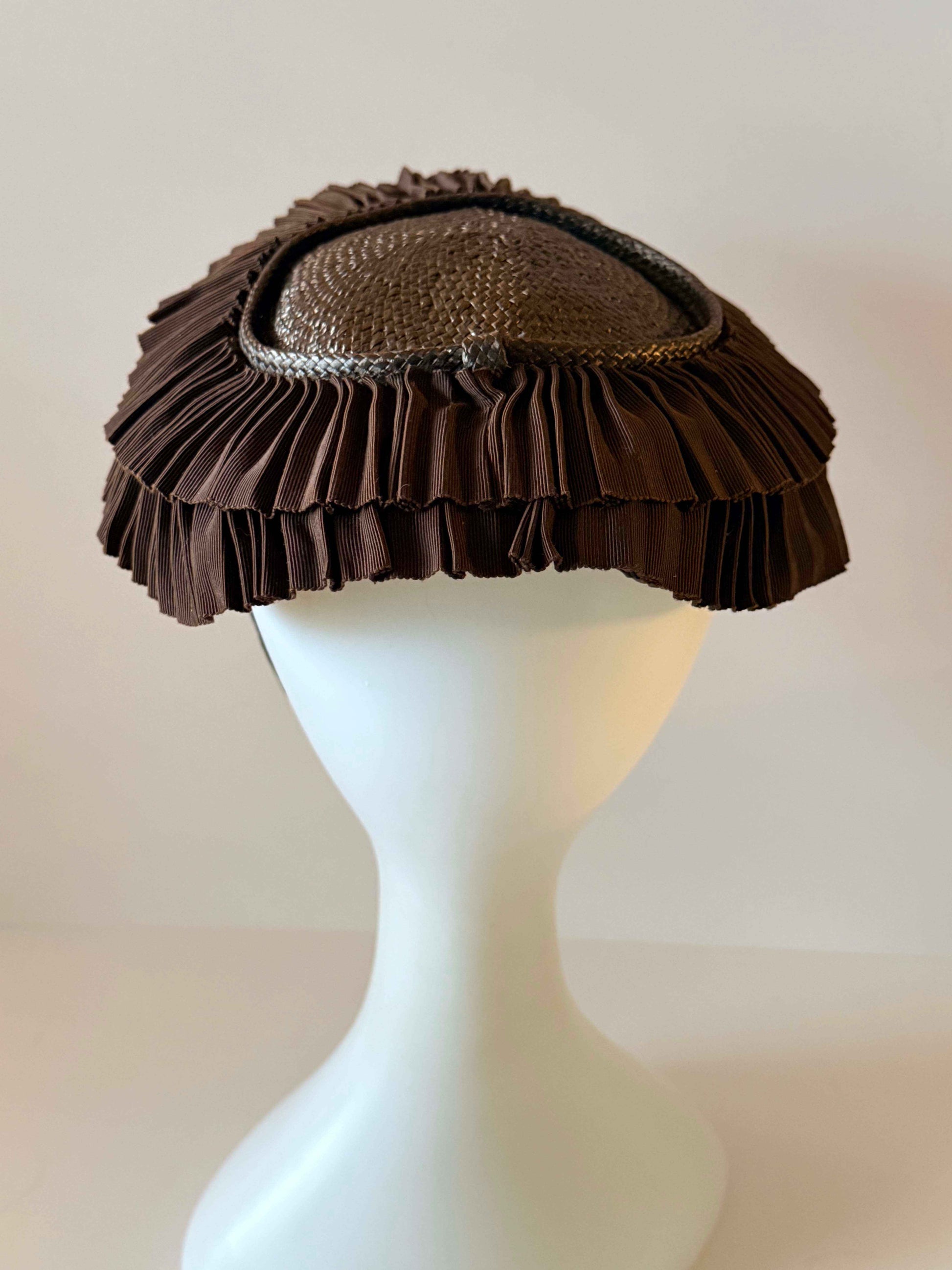 1950s Laro New York Picture Hat, Brown Pleated Ribbon Cartwheel Hat, Neusteter's Designer Vintage Straw Hat, Mid Century Millinery