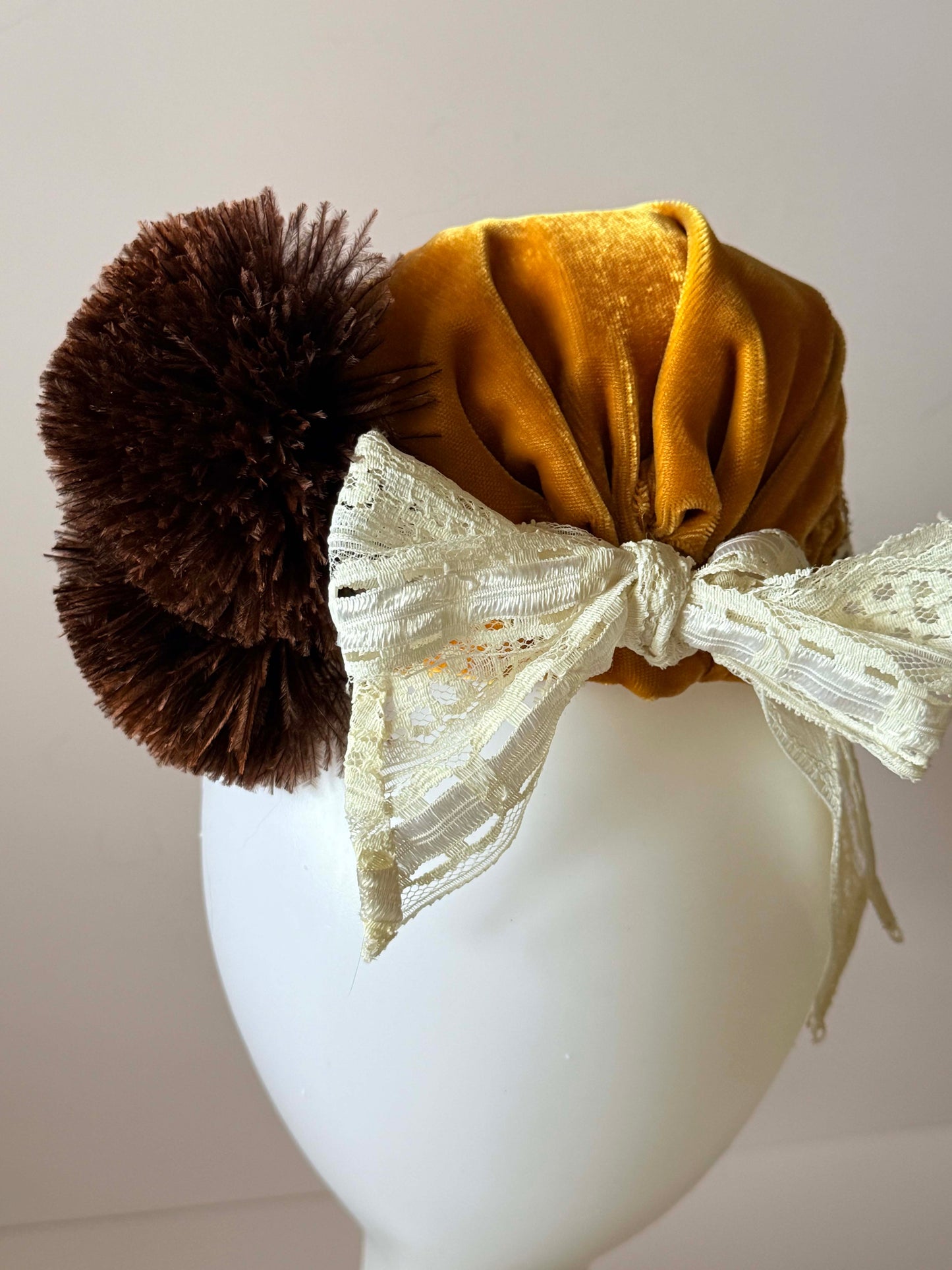 Vintage Mustard Velvet Tilt Hat – Handsewn Bridgerton Style Updo Hat with Lace & Feather Pom