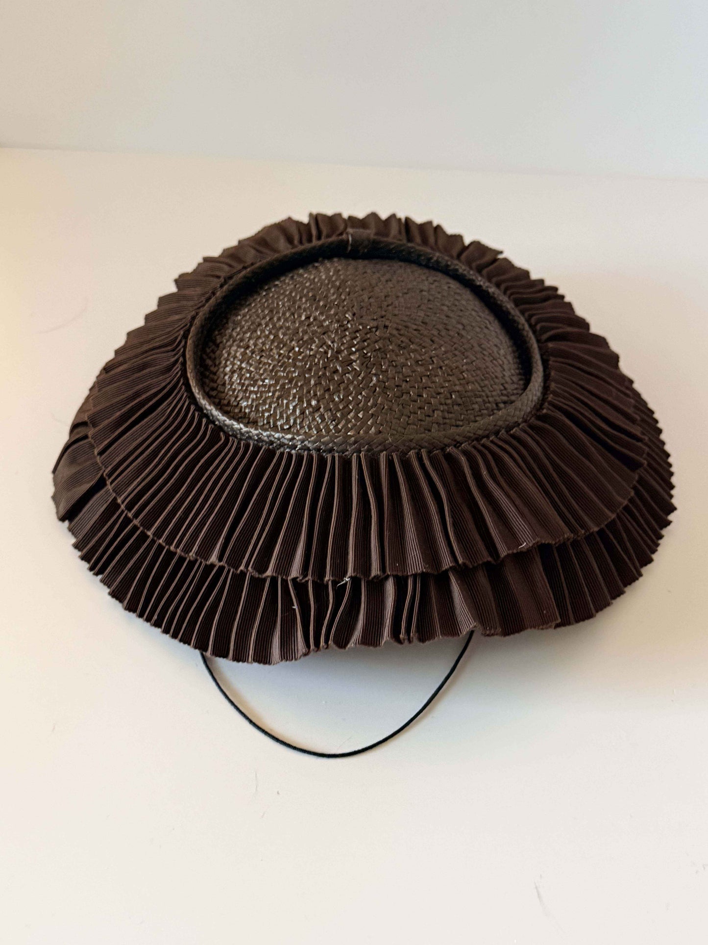 1950s Laro New York Picture Hat, Brown Pleated Ribbon Cartwheel Hat, Neusteter's Designer Vintage Straw Hat, Mid Century Millinery