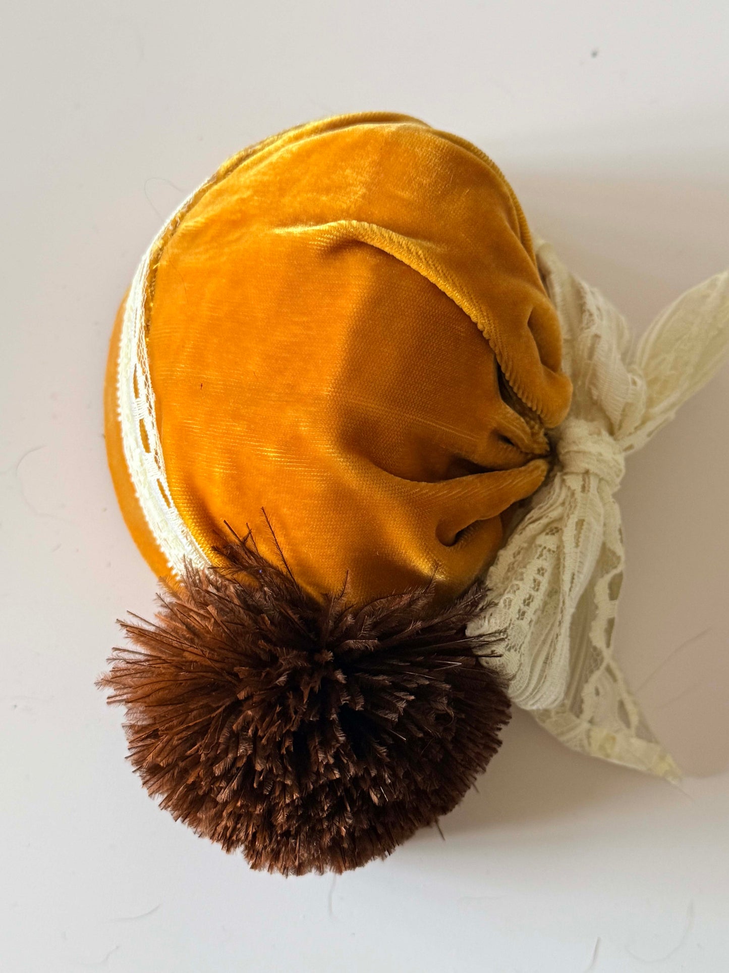 Vintage Mustard Velvet Tilt Hat – Handsewn Bridgerton Style Updo Hat with Lace & Feather Pom