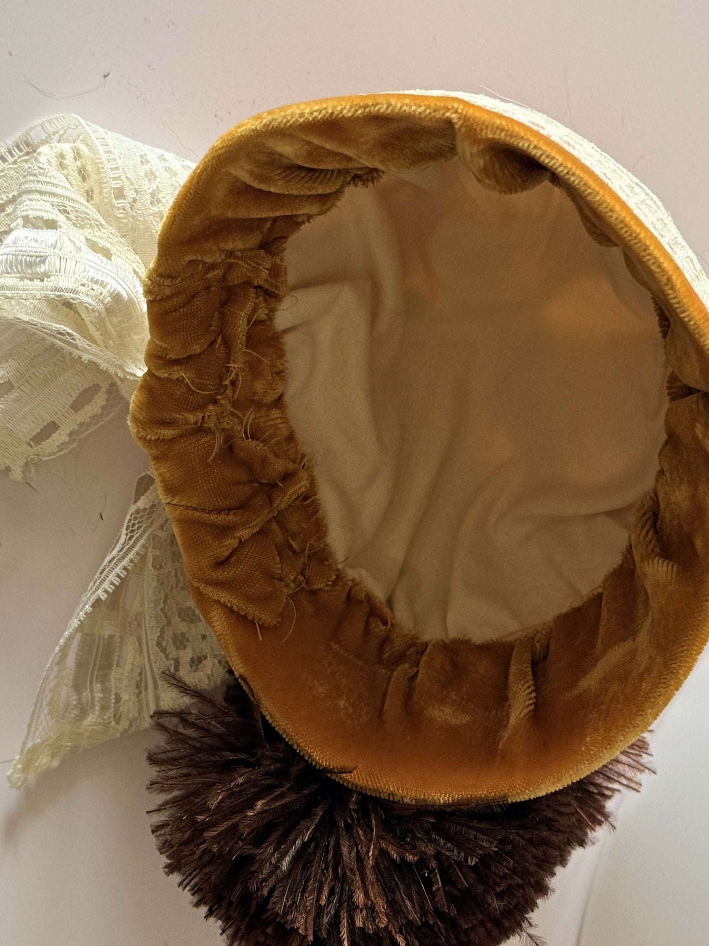 Vintage Mustard Velvet Tilt Hat – Handsewn Bridgerton Style Updo Hat with Lace & Feather Pom