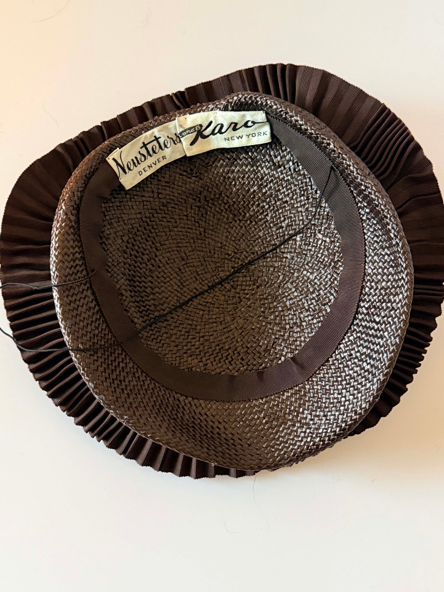 1950s Laro New York Picture Hat, Brown Pleated Ribbon Cartwheel Hat, Neusteter's Designer Vintage Straw Hat, Mid Century Millinery