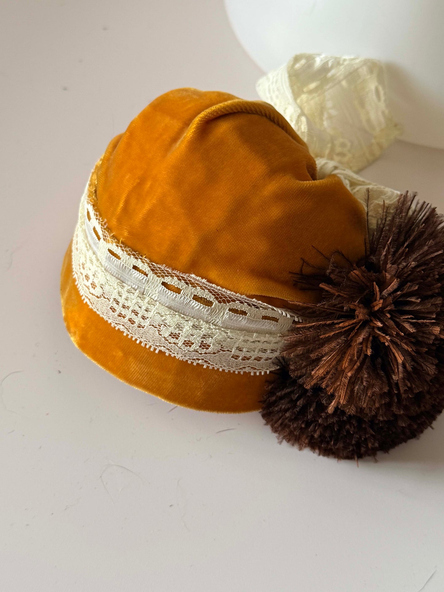 Vintage Mustard Velvet Tilt Hat – Handsewn Bridgerton Style Updo Hat with Lace & Feather Pom