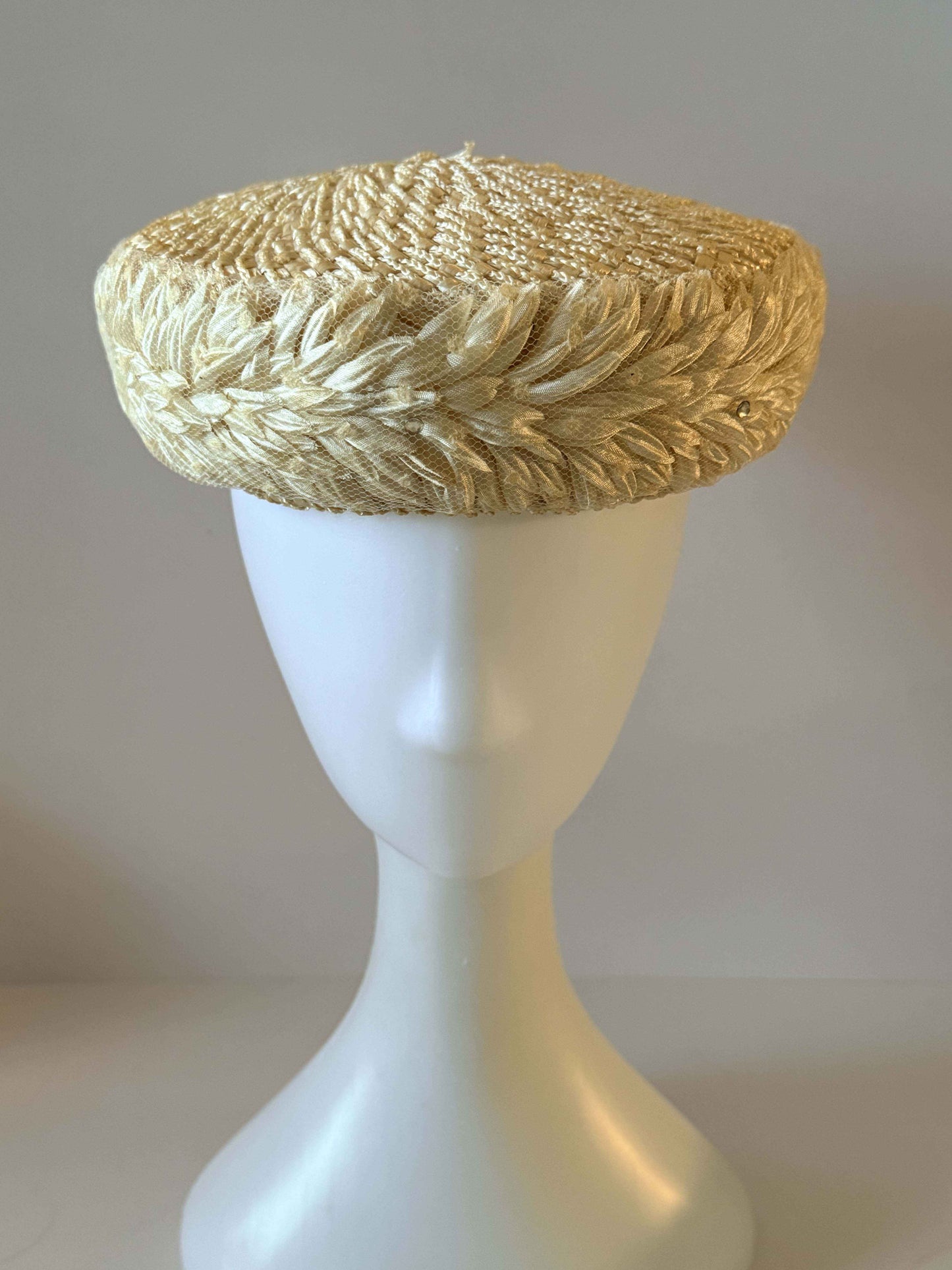 1950s Eolette Exclusives Ivory Raffia Cocktail Hat, Juliet Cap Style, New York Paris Designer Hat, Vintage Bridal Hat, Mid Century Millinery