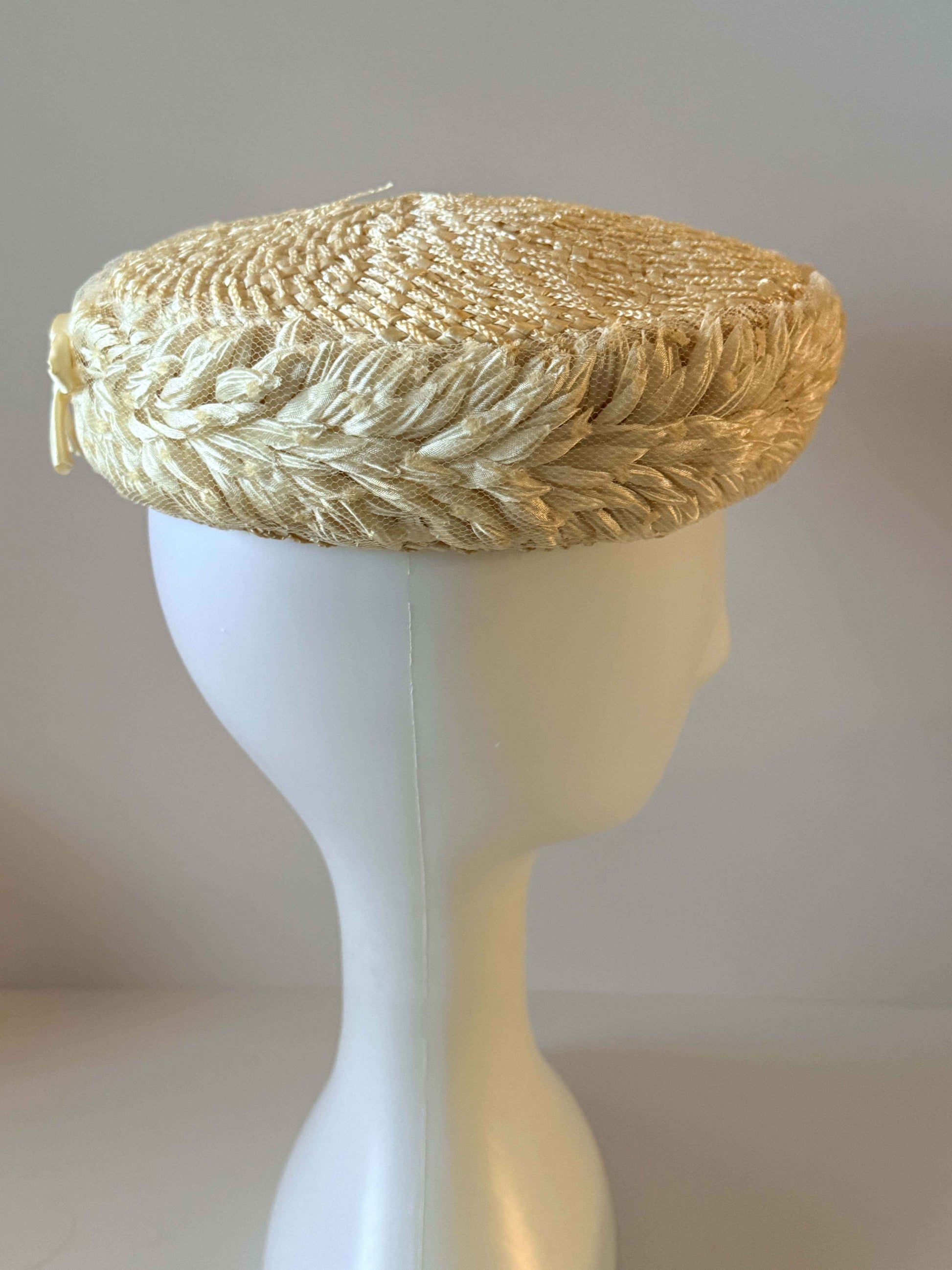 1950s Eolette Exclusives Ivory Raffia Cocktail Hat, Juliet Cap Style, New York Paris Designer Hat, Vintage Bridal Hat, Mid Century Millinery