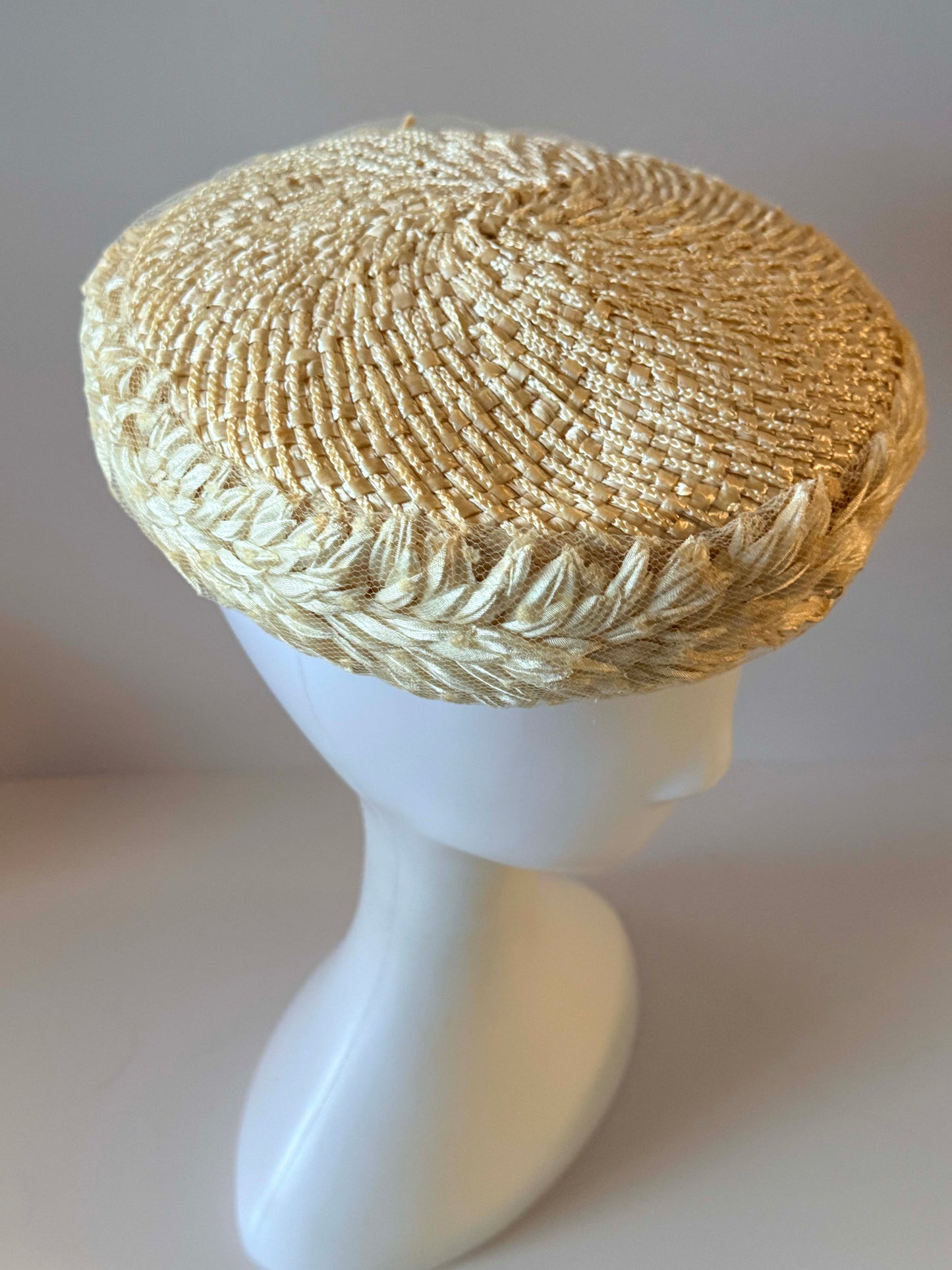 1950s Eolette Exclusives Ivory Raffia Cocktail Hat, Juliet Cap Style, New York Paris Designer Hat, Vintage Bridal Hat, Mid Century Millinery