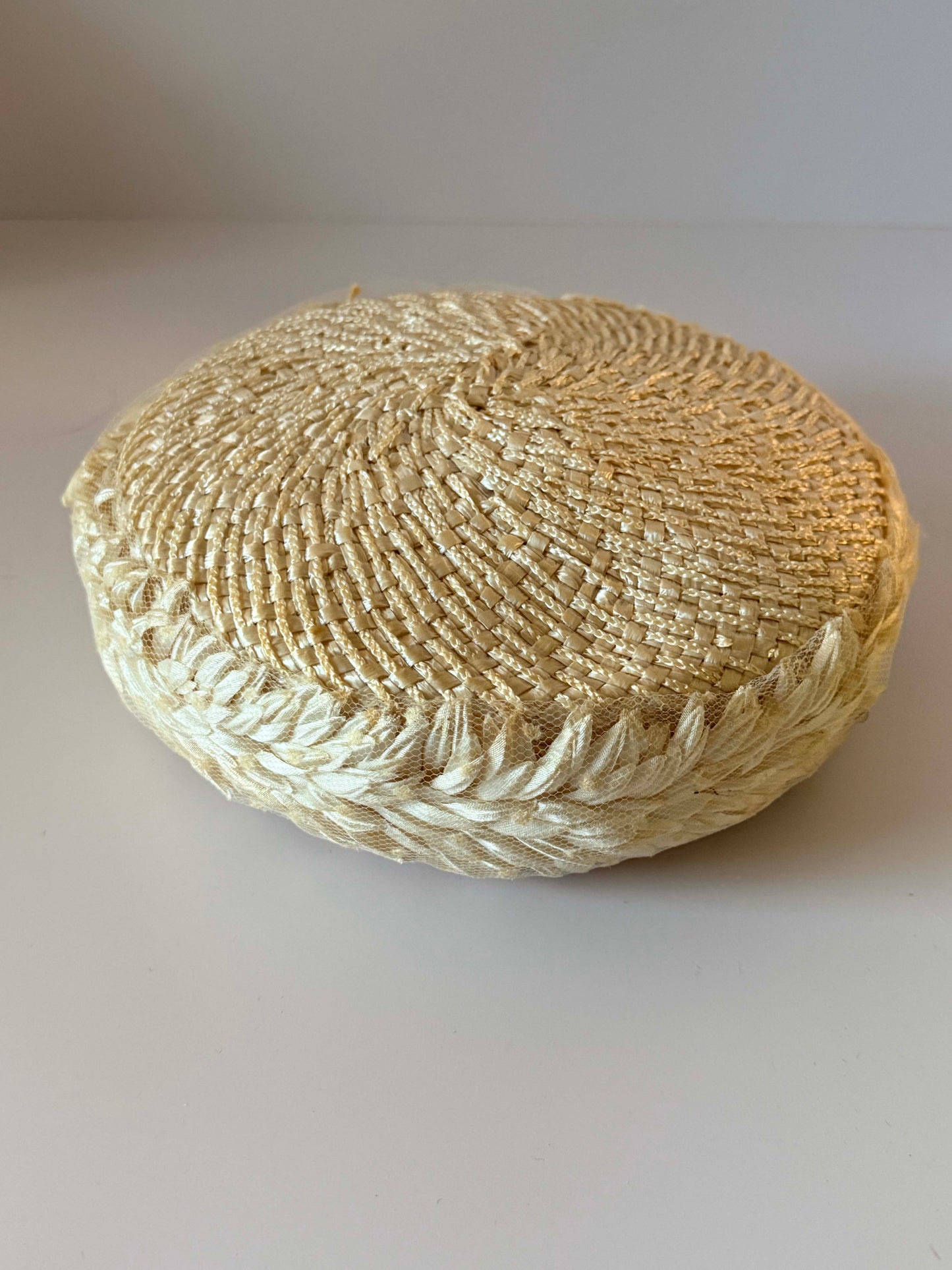1950s Eolette Exclusives Ivory Raffia Cocktail Hat, Juliet Cap Style, New York Paris Designer Hat, Vintage Bridal Hat, Mid Century Millinery