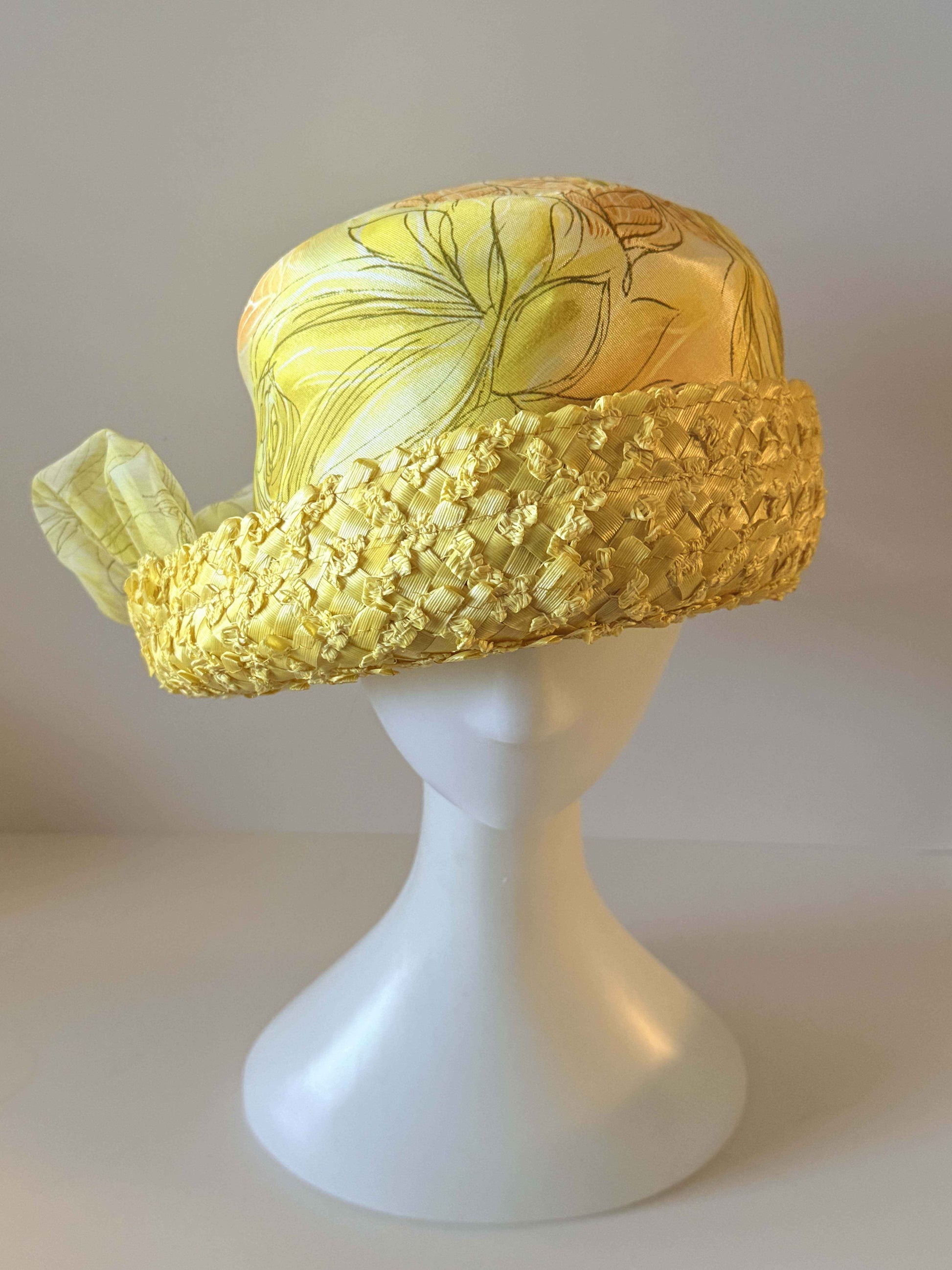 Late 1950s Yellow Floral Cocktail Hat, Union Made Vintage Hat, Brimmed Cocktail Hat, Mid Century Spring Hat, Yellow Floral Millinery