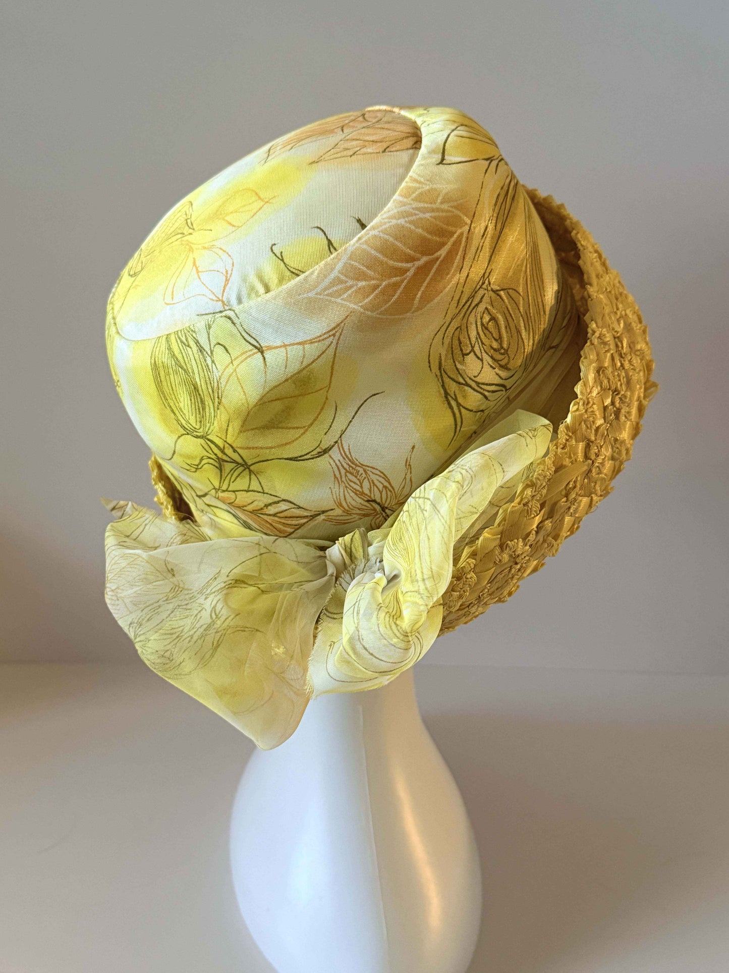 Late 1950s Yellow Floral Cocktail Hat, Union Made Vintage Hat, Brimmed Cocktail Hat, Mid Century Spring Hat, Yellow Floral Millinery