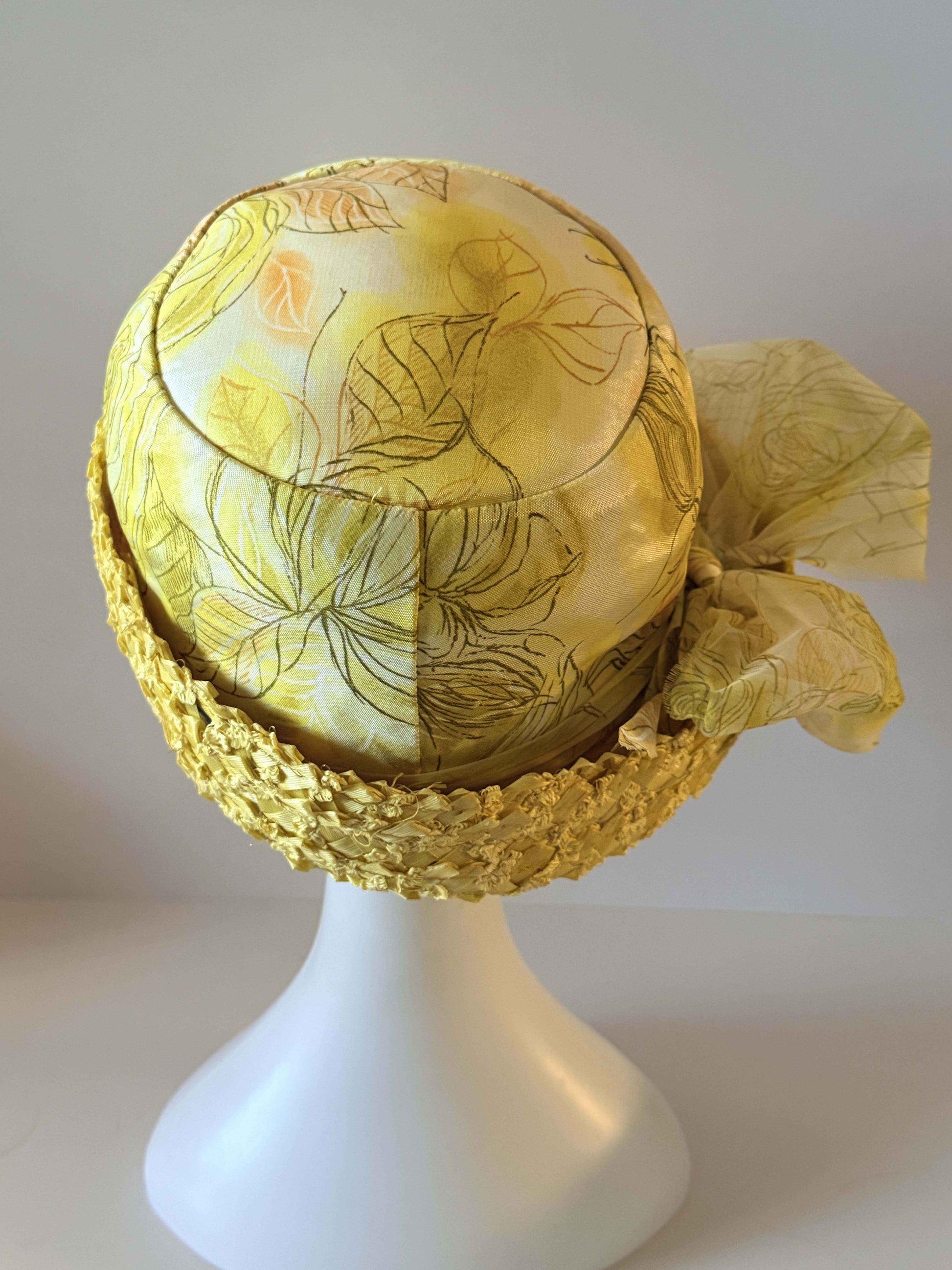 Late 1950s Yellow Floral Cocktail Hat, Union Made Vintage Hat, Brimmed Cocktail Hat, Mid Century Spring Hat, Yellow Floral Millinery