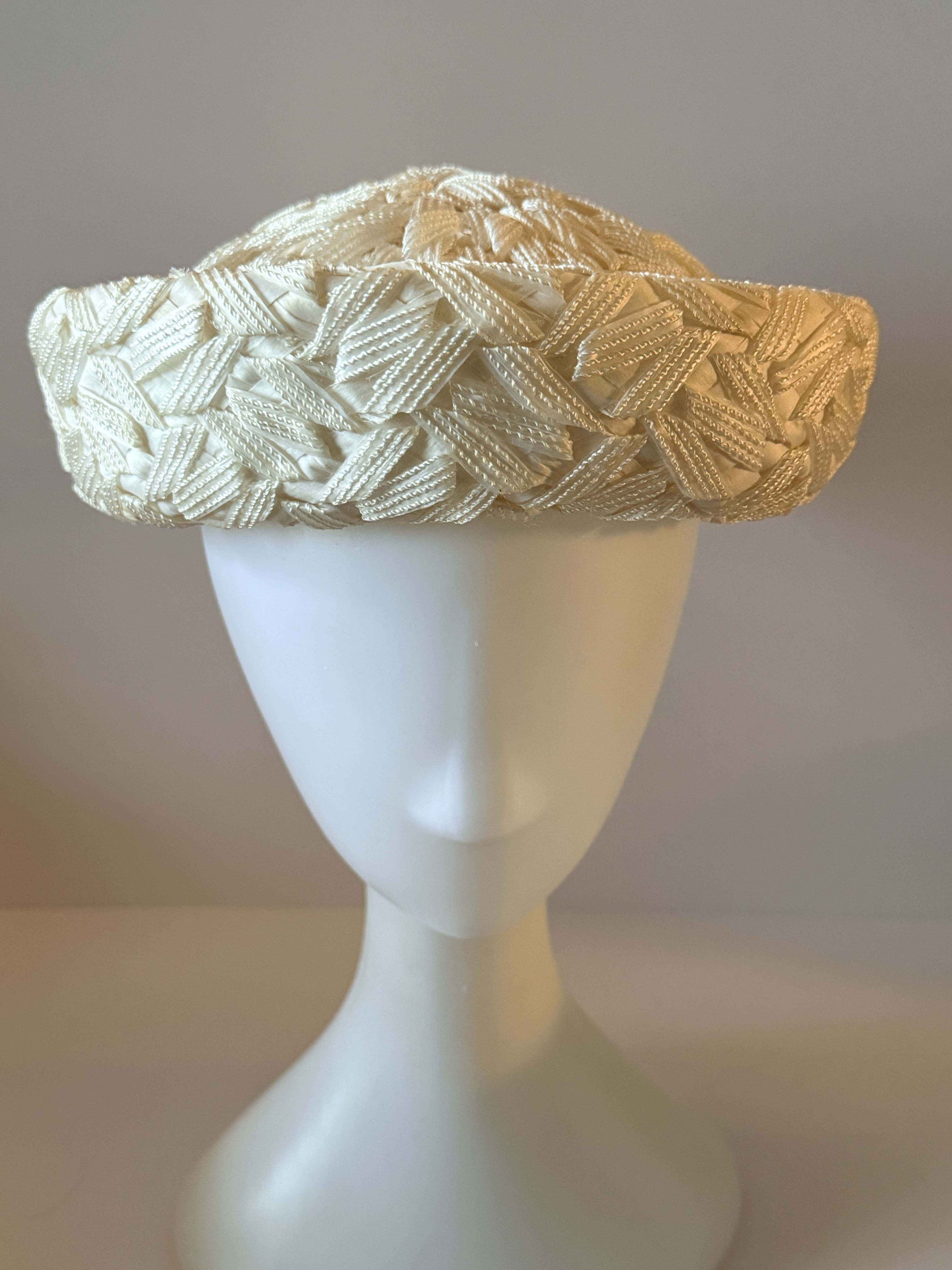 Vintage 1960s Ivory Juliet Cap Bridal Hat, Woven Braid Cocktail Hat, Mid Century Wedding Hat, Retro Bridal Millinery, Ivory Wedding Headpiece