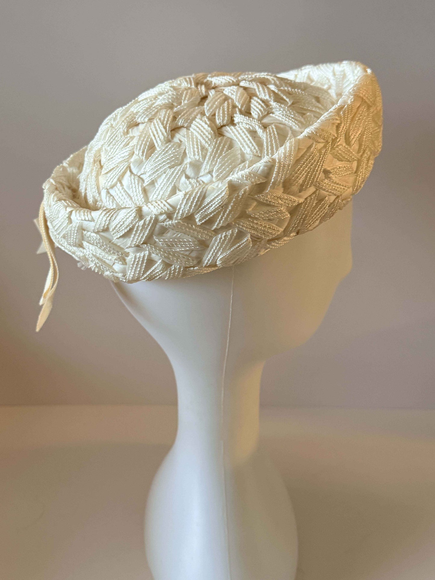 Vintage 1960s Ivory Juliet Cap Bridal Hat, Woven Braid Cocktail Hat, Mid Century Wedding Hat, Retro Bridal Millinery, Ivory Wedding Headpiece