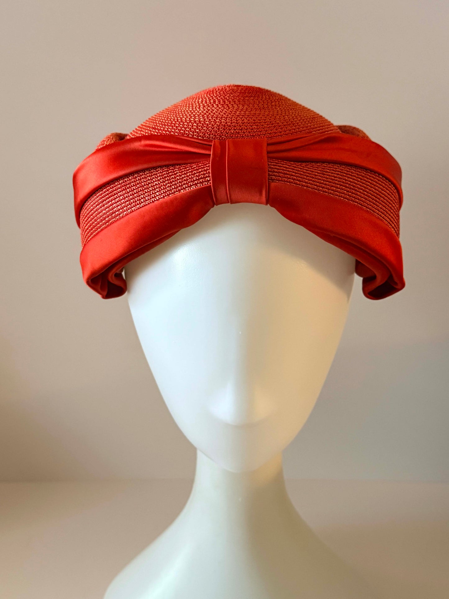 Vintage Maison Blanche Breton Cocktail Hat, 1960s Persimmon Red Straw Hat, Satin Bow Dress Hat, Mid Century Women's Church Hat