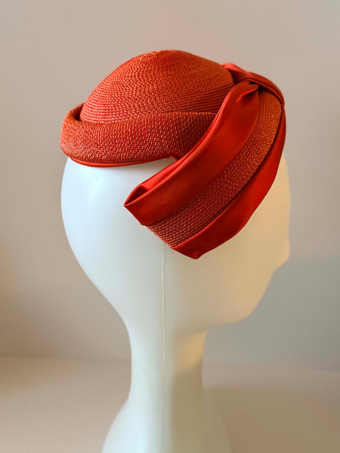 Vintage Maison Blanche Breton Cocktail Hat, 1960s Persimmon Red Straw Hat, Satin Bow Dress Hat, Mid Century Women's Church Hat