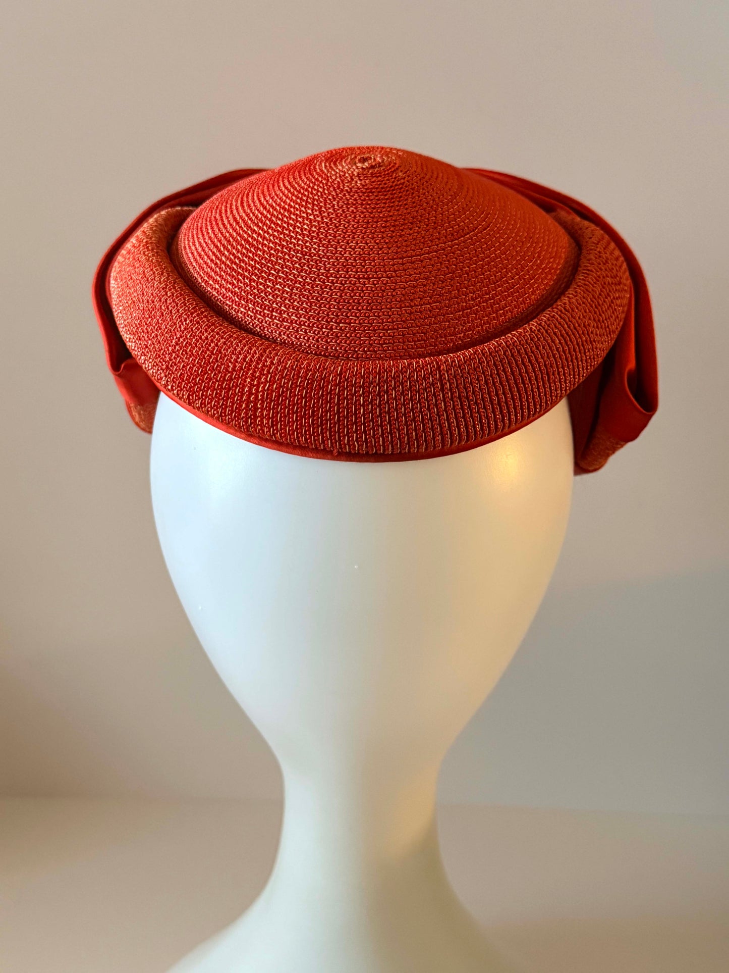 Vintage Maison Blanche Breton Cocktail Hat, 1960s Persimmon Red Straw Hat, Satin Bow Dress Hat, Mid Century Women's Church Hat