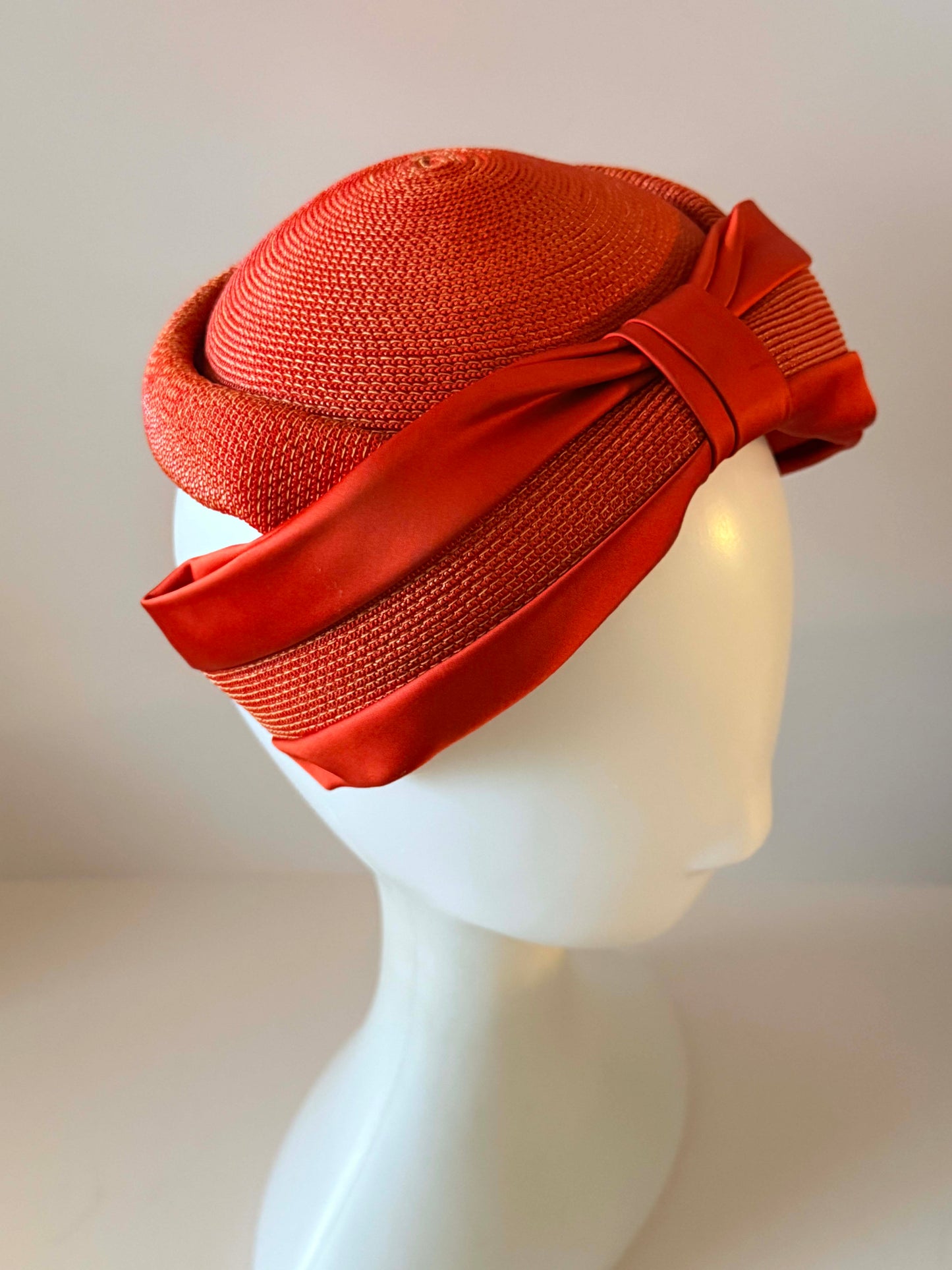 Vintage Maison Blanche Breton Cocktail Hat, 1960s Persimmon Red Straw Hat, Satin Bow Dress Hat, Mid Century Women's Church Hat