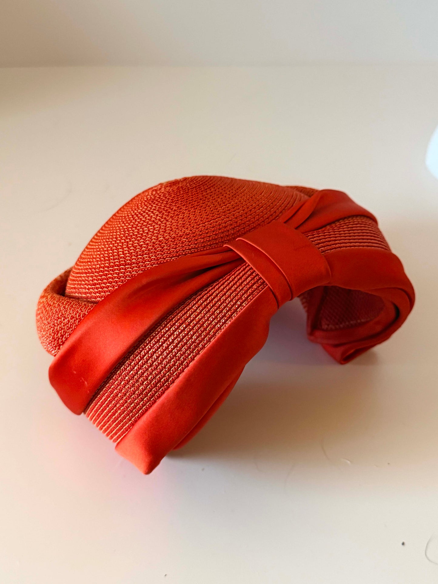 Vintage Maison Blanche Breton Cocktail Hat, 1960s Persimmon Red Straw Hat, Satin Bow Dress Hat, Mid Century Women's Church Hat