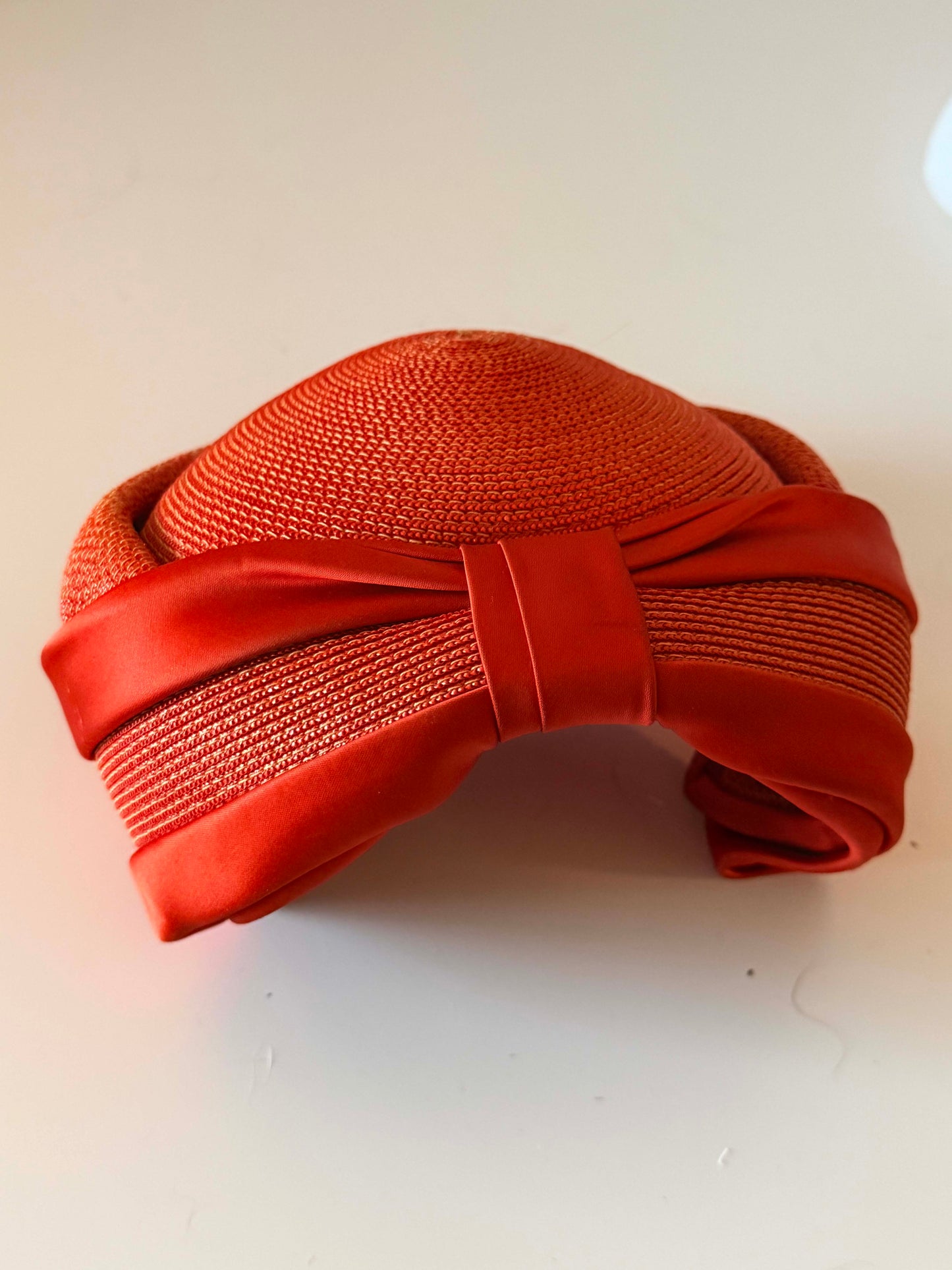 Vintage Maison Blanche Breton Cocktail Hat, 1960s Persimmon Red Straw Hat, Satin Bow Dress Hat, Mid Century Women's Church Hat