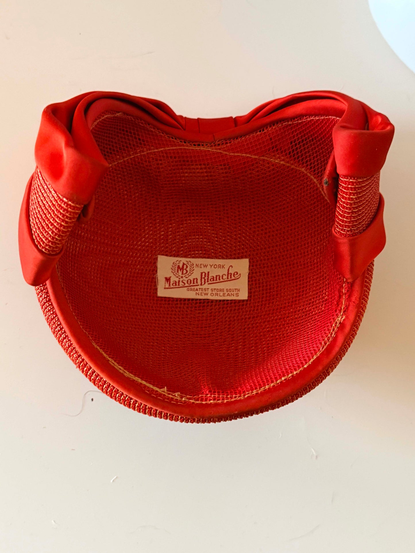 Vintage Maison Blanche Breton Cocktail Hat, 1960s Persimmon Red Straw Hat, Satin Bow Dress Hat, Mid Century Women's Church Hat