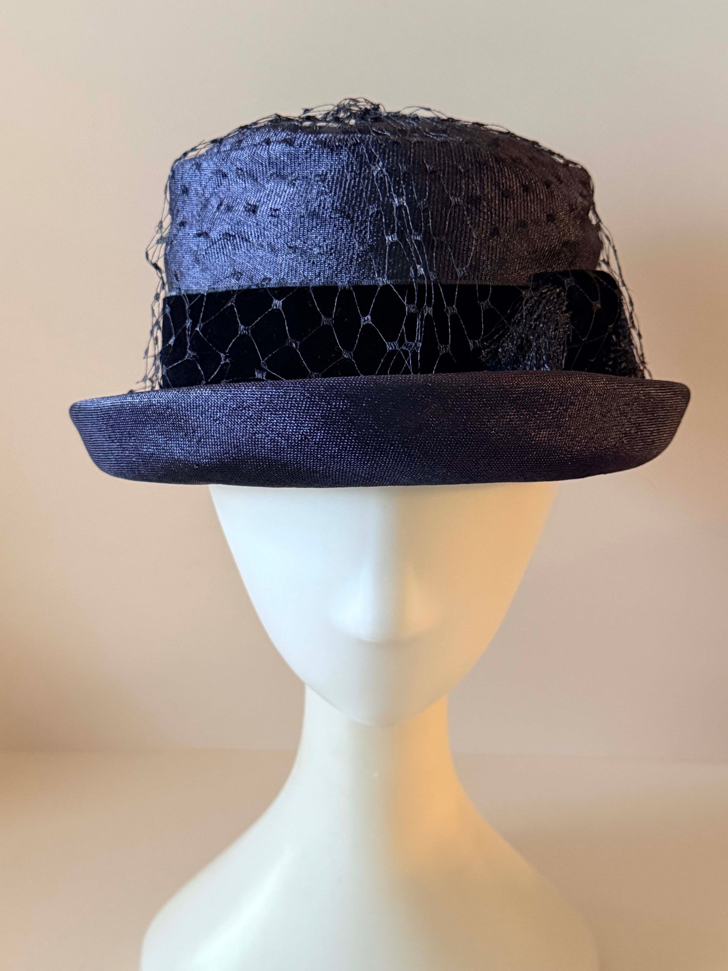 Vintage 1960s Navy Blue Breton Cocktail Hat, Formal Church Hat with Veil, Mid Century Women's Dress Hat, Vintage Millinery