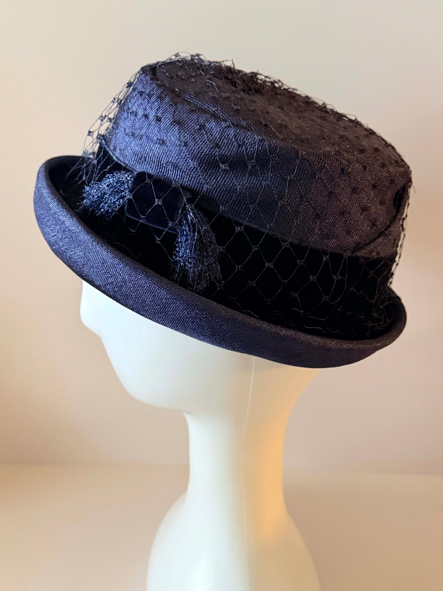 Vintage 1960s Navy Blue Breton Cocktail Hat, Formal Church Hat with Veil, Mid Century Women's Dress Hat, Vintage Millinery