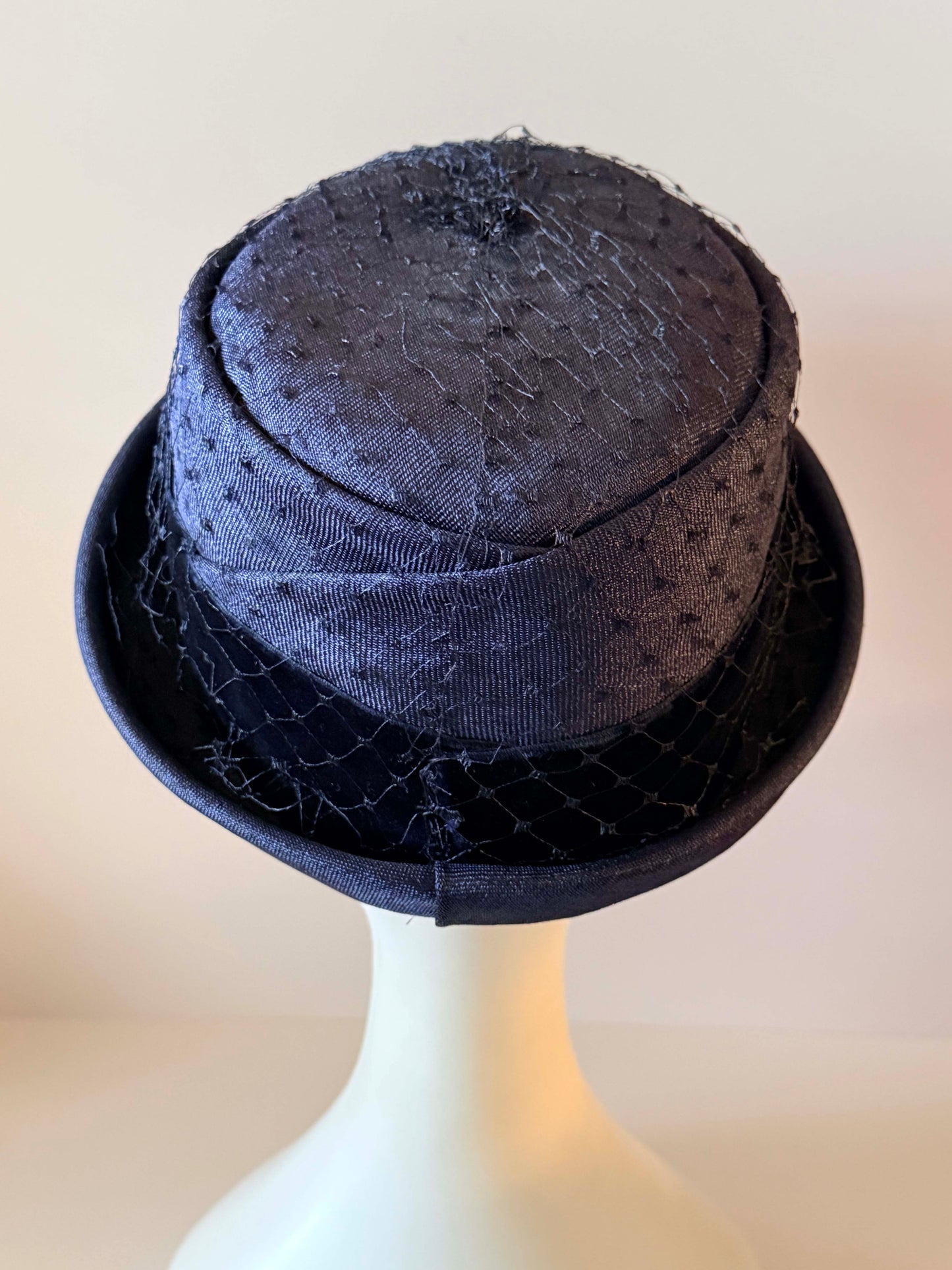 Vintage 1960s Navy Blue Breton Cocktail Hat, Formal Church Hat with Veil, Mid Century Women's Dress Hat, Vintage Millinery