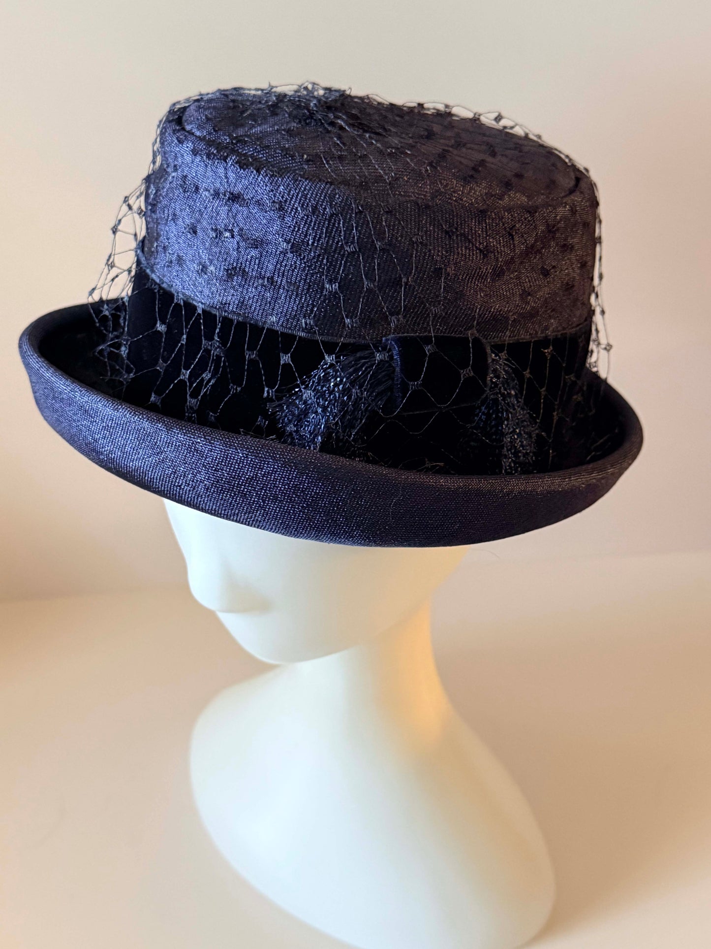 Vintage 1960s Navy Blue Breton Cocktail Hat, Formal Church Hat with Veil, Mid Century Women's Dress Hat, Vintage Millinery