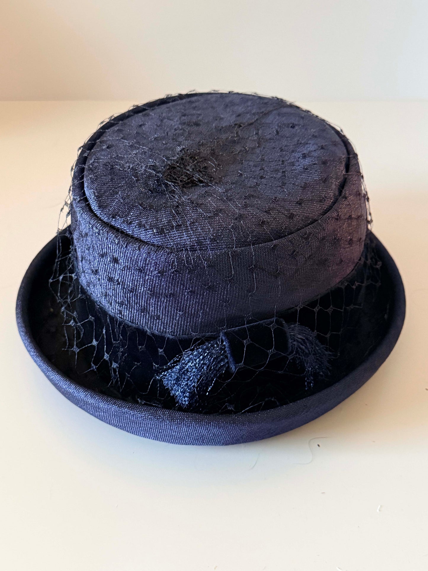 Vintage 1960s Navy Blue Breton Cocktail Hat, Formal Church Hat with Veil, Mid Century Women's Dress Hat, Vintage Millinery