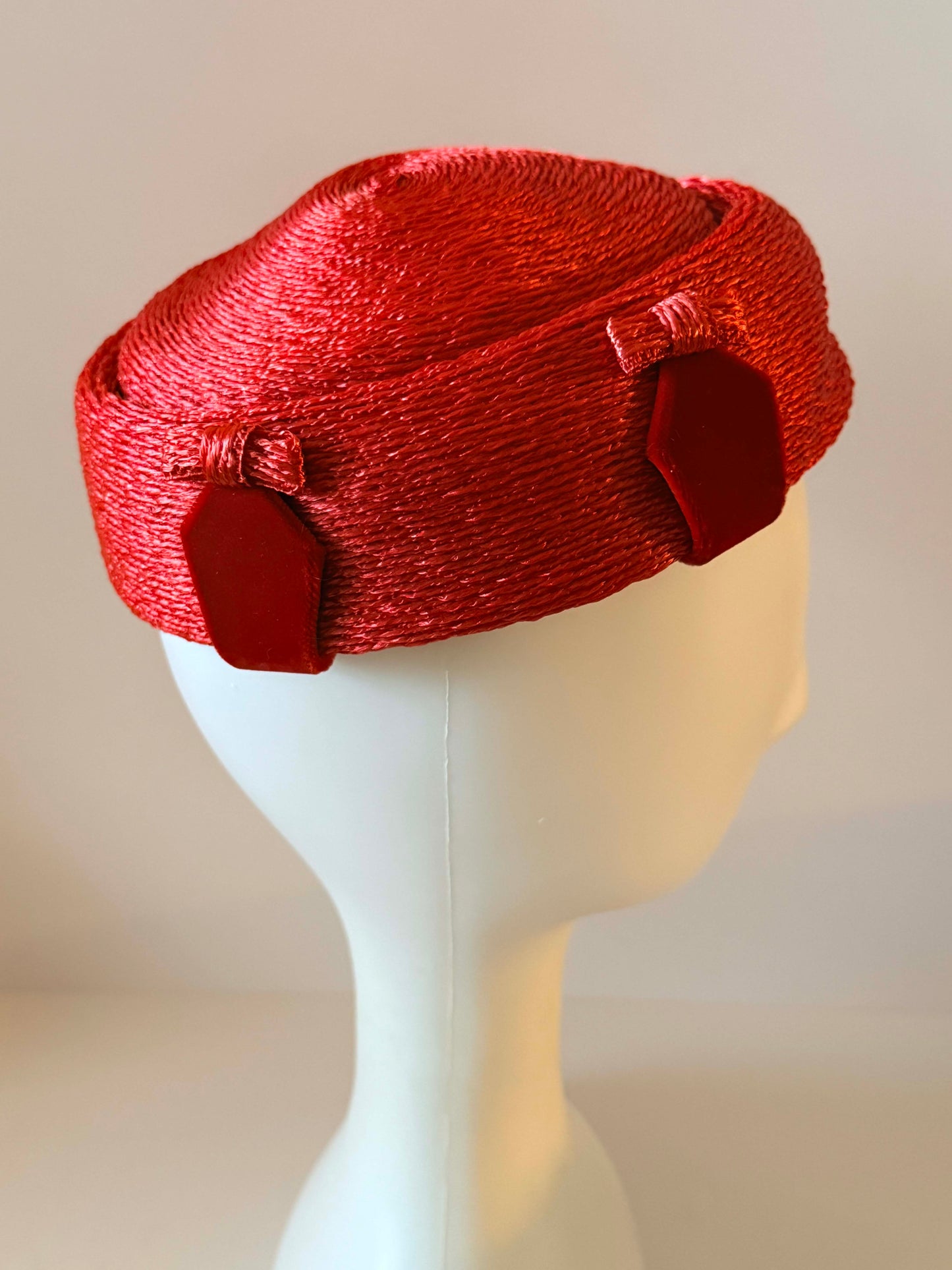 Vintage Christie Original Red Straw Pillbox Hat, 1960s Red Cocktail Hat, Sculptural Mid Century Millinery, Designer Women's Hat