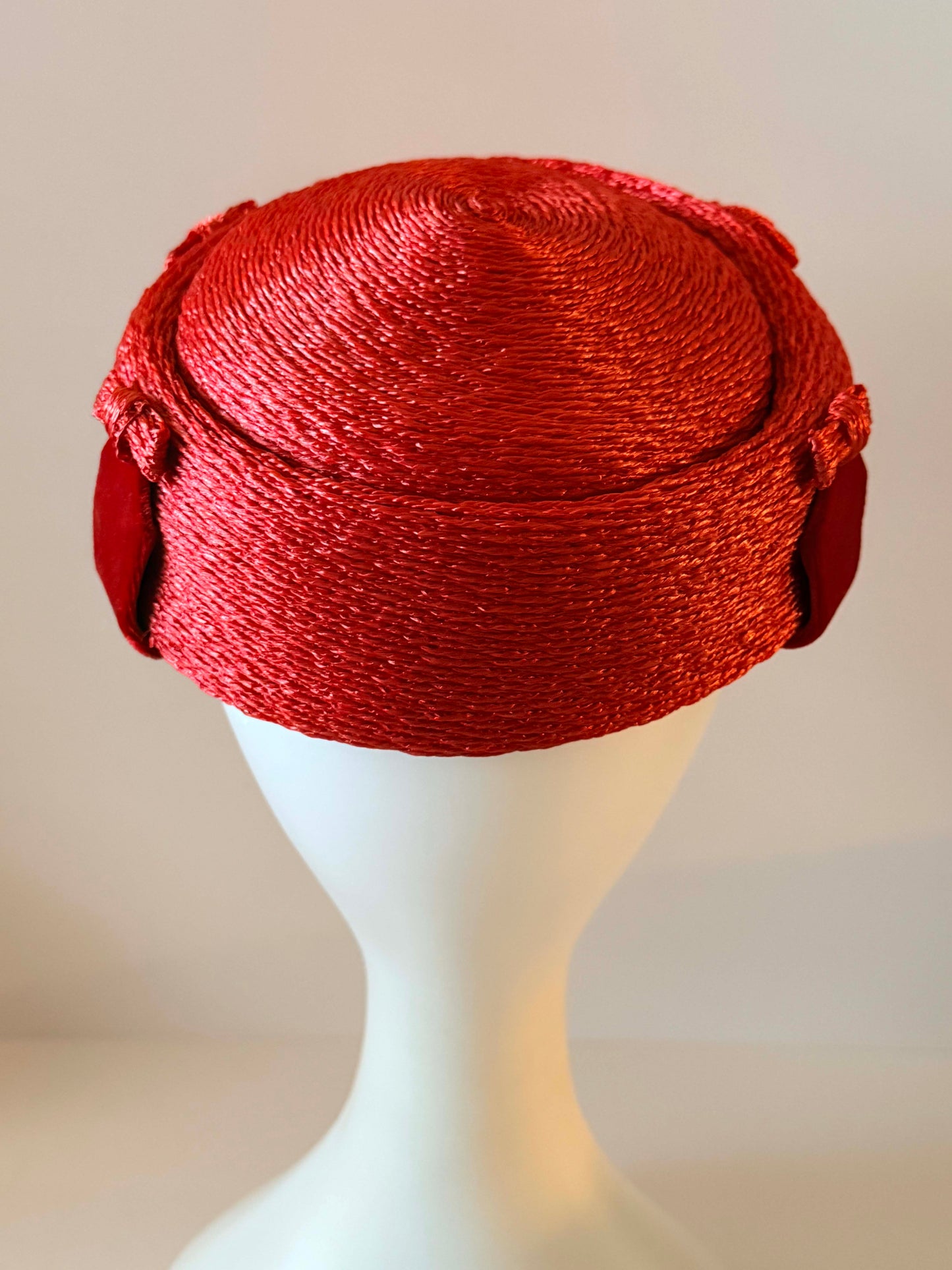 Vintage Christie Original Red Straw Pillbox Hat, 1960s Red Cocktail Hat, Sculptural Mid Century Millinery, Designer Women's Hat