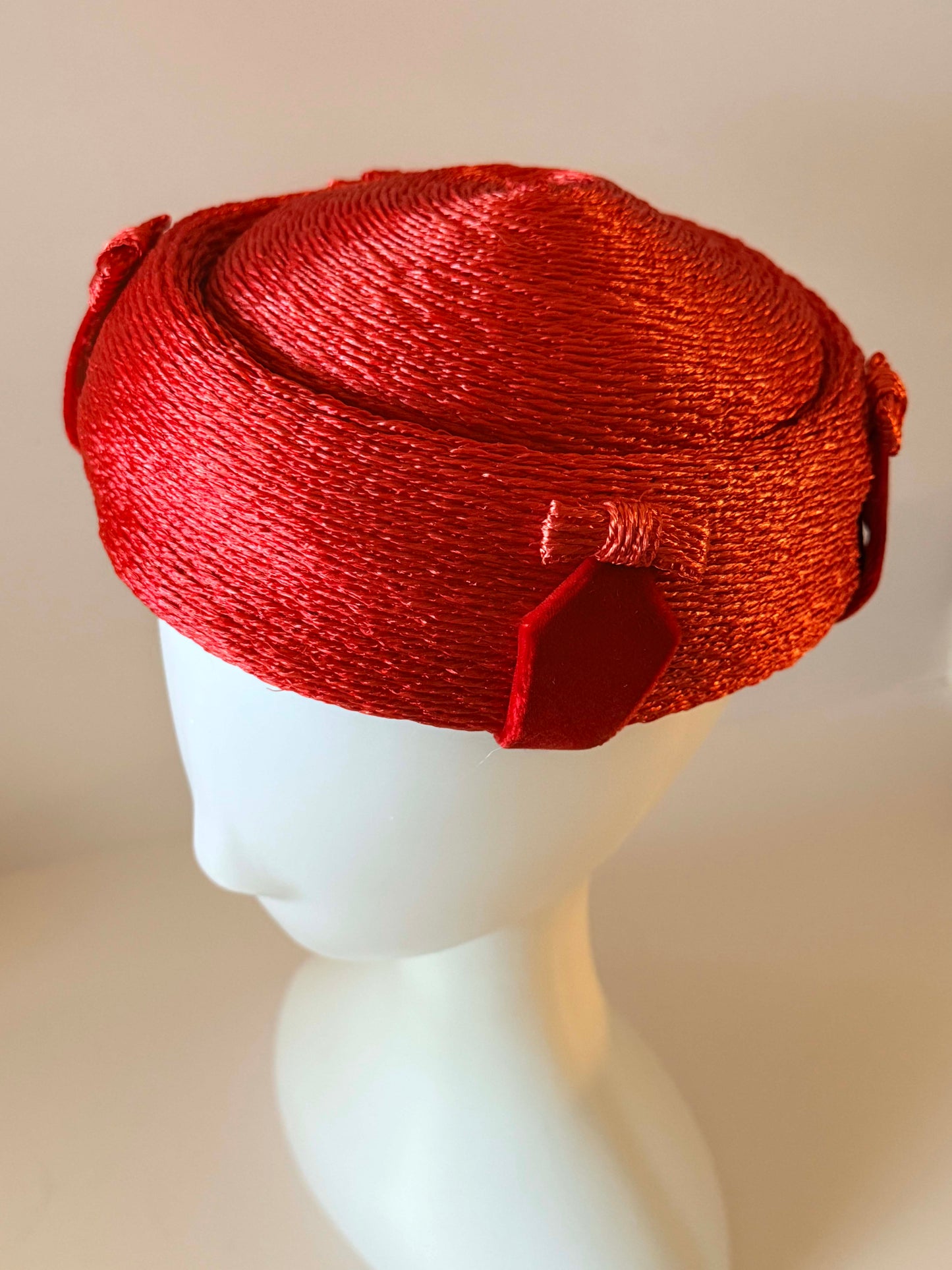 Vintage Christie Original Red Straw Pillbox Hat, 1960s Red Cocktail Hat, Sculptural Mid Century Millinery, Designer Women's Hat
