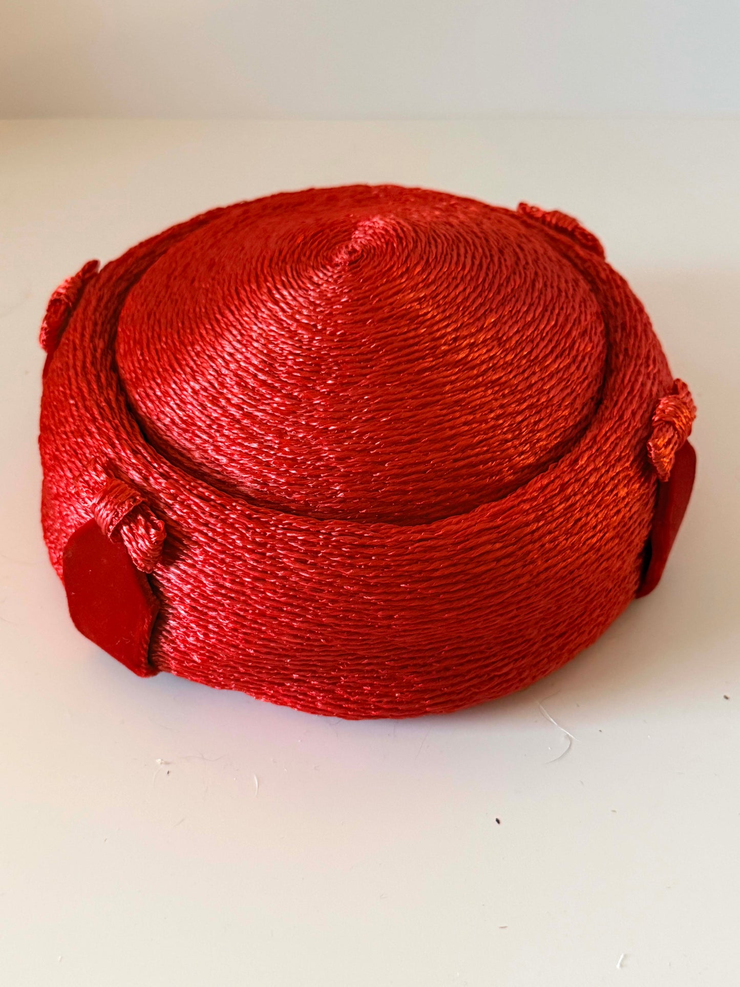 Vintage Christie Original Red Straw Pillbox Hat, 1960s Red Cocktail Hat, Sculptural Mid Century Millinery, Designer Women's Hat