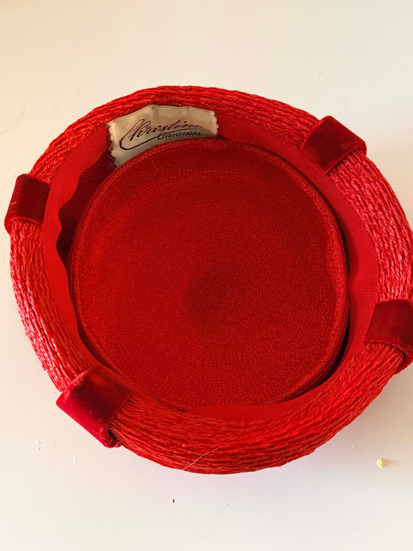 Vintage Christie Original Red Straw Pillbox Hat, 1960s Red Cocktail Hat, Sculptural Mid Century Millinery, Designer Women's Hat