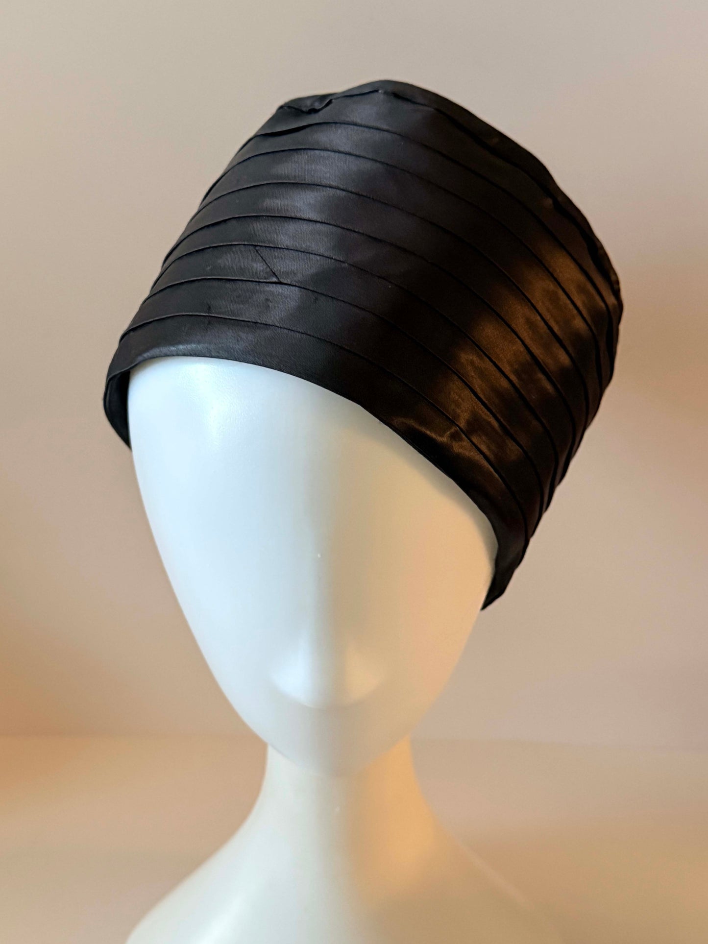 Vintage Black Satin Drum Cocktail Hat, 1950s Evening Hat with Lace Crown, Mid Century Formal Millinery, Women's Dress Hat