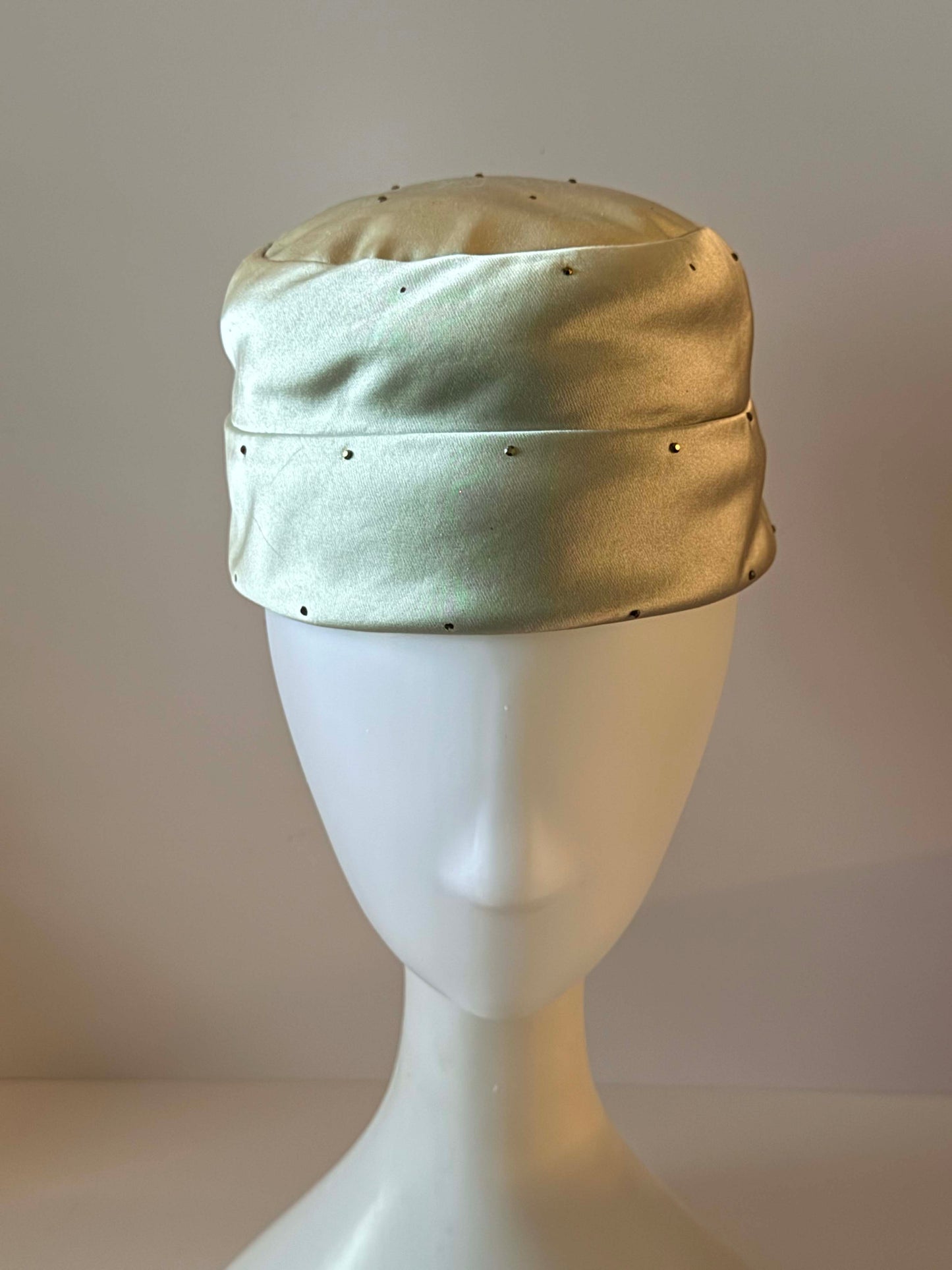 Vintage Mr. John Champagne Silver Satin Pillbox Hat, 1960s Designer Cocktail Hat, Rhinestone Studded Satin Hat, Elegant Women's Millinery