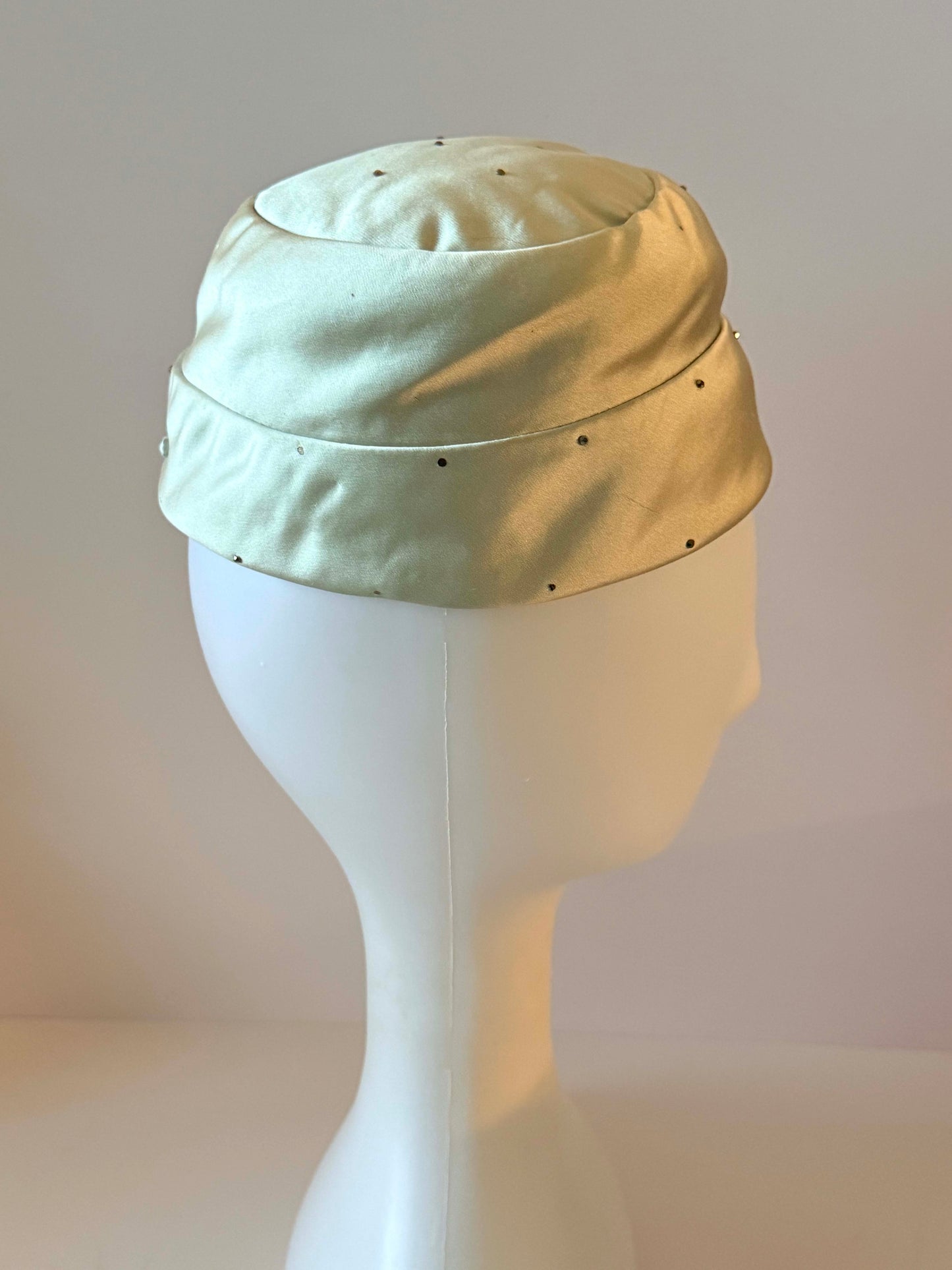 Vintage Mr. John Champagne Silver Satin Pillbox Hat, 1960s Designer Cocktail Hat, Rhinestone Studded Satin Hat, Elegant Women's Millinery