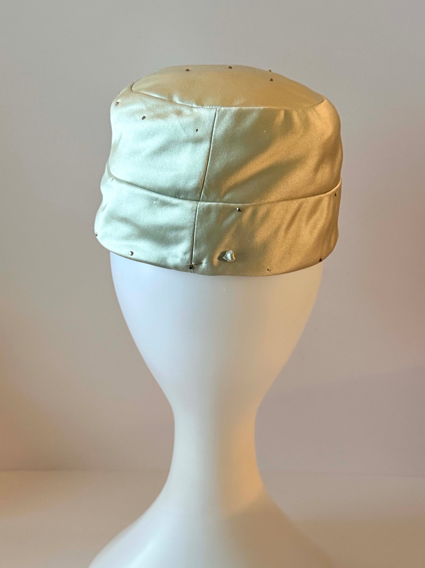 Vintage Mr. John Champagne Silver Satin Pillbox Hat, 1960s Designer Cocktail Hat, Rhinestone Studded Satin Hat, Elegant Women's Millinery