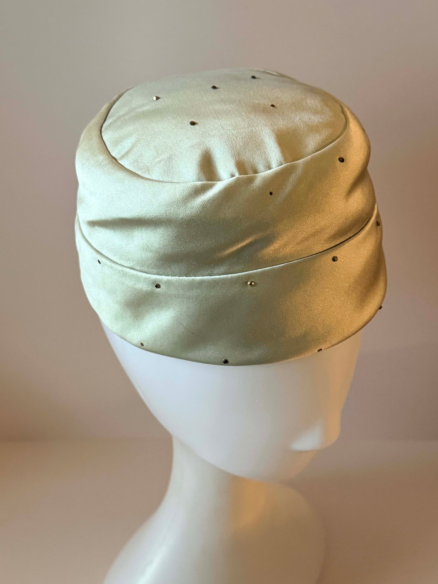 Vintage Mr. John Champagne Silver Satin Pillbox Hat, 1960s Designer Cocktail Hat, Rhinestone Studded Satin Hat, Elegant Women's Millinery
