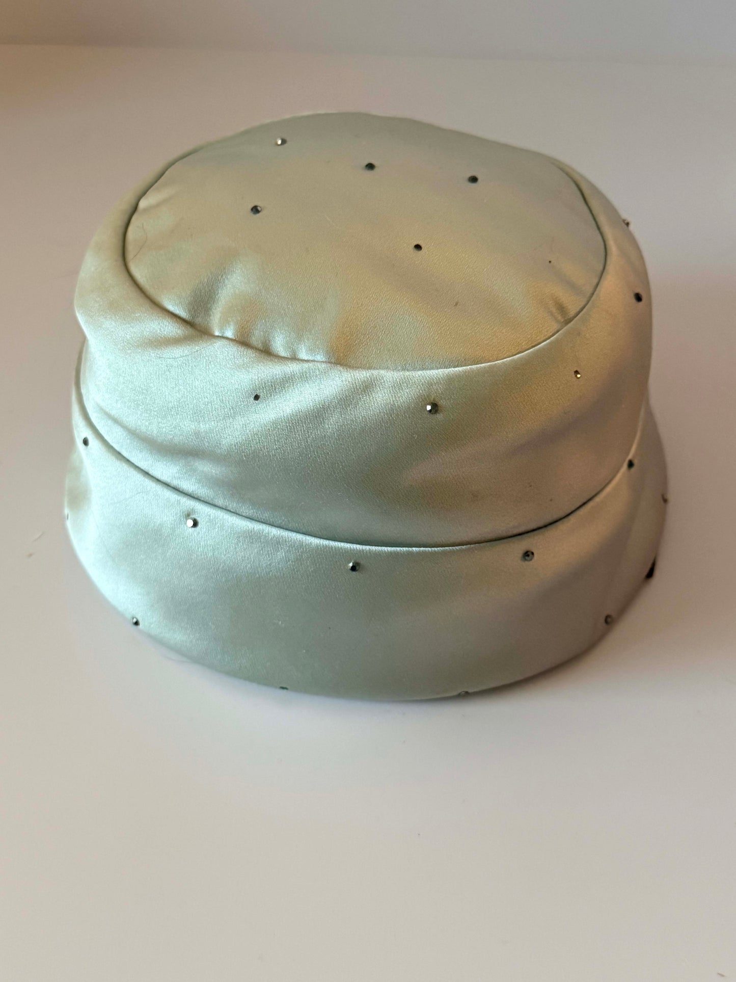Vintage Mr. John Champagne Silver Satin Pillbox Hat, 1960s Designer Cocktail Hat, Rhinestone Studded Satin Hat, Elegant Women's Millinery