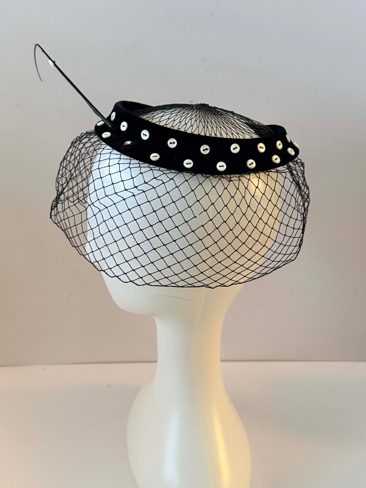 Vintage 1950s Black Velvet Veil Hat – Birdcage Veil Cocktail Hat with Feather & Button Detail, Mid Century Fascinator