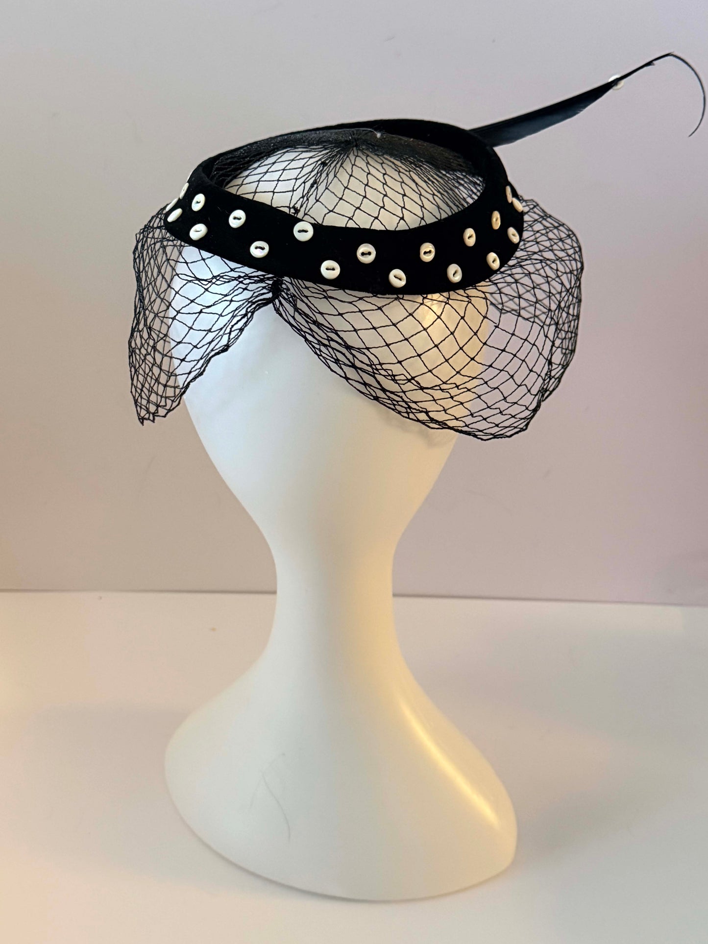 Vintage 1950s Black Velvet Veil Hat – Birdcage Veil Cocktail Hat with Feather & Button Detail, Mid Century Fascinator