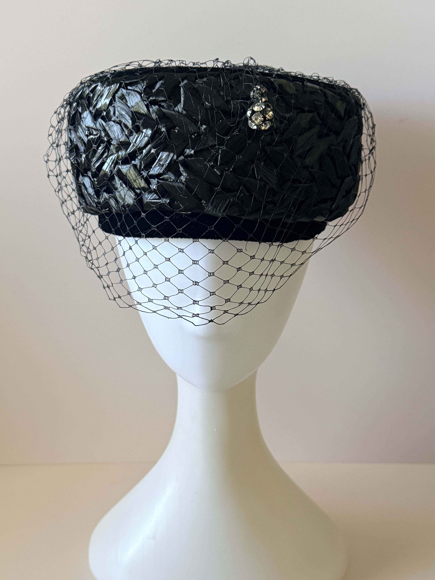 Vintage Gage Black Raffia Pillbox Hat | 1960s Veiled Cocktail Hat | Birdcage Veil | Rhinestone Hat | Mid Century Women's Millinery