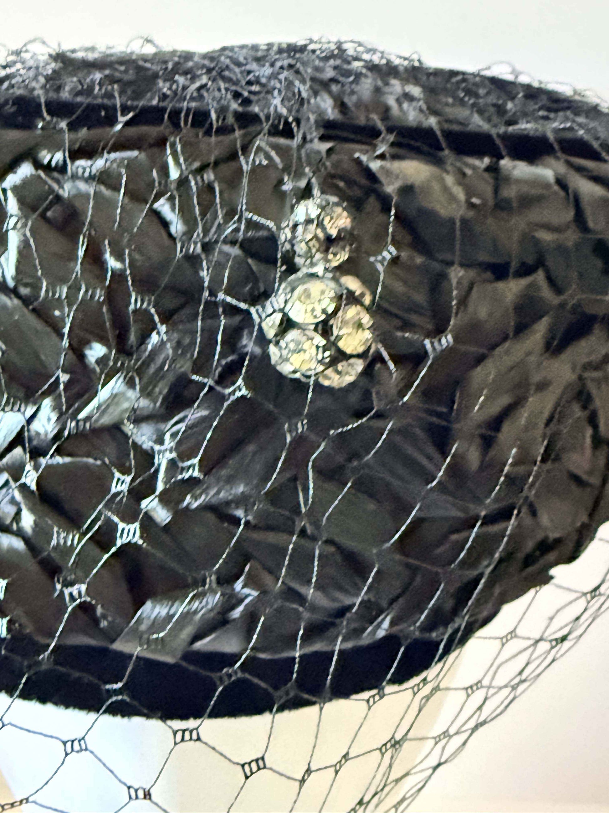 Vintage Gage Black Raffia Pillbox Hat | 1960s Veiled Cocktail Hat | Birdcage Veil | Rhinestone Hat | Mid Century Women's Millinery