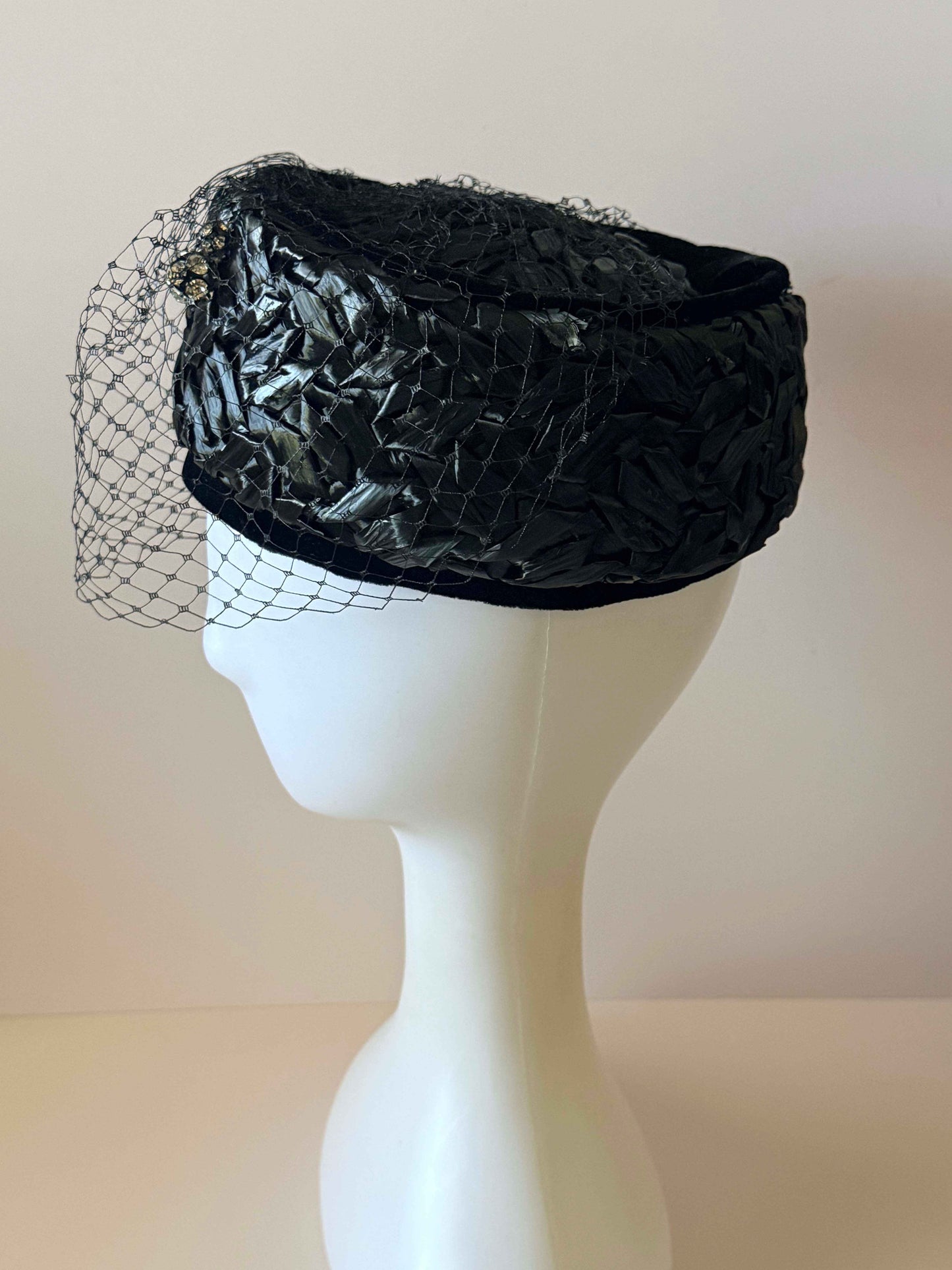 Vintage Gage Black Raffia Pillbox Hat | 1960s Veiled Cocktail Hat | Birdcage Veil | Rhinestone Hat | Mid Century Women's Millinery