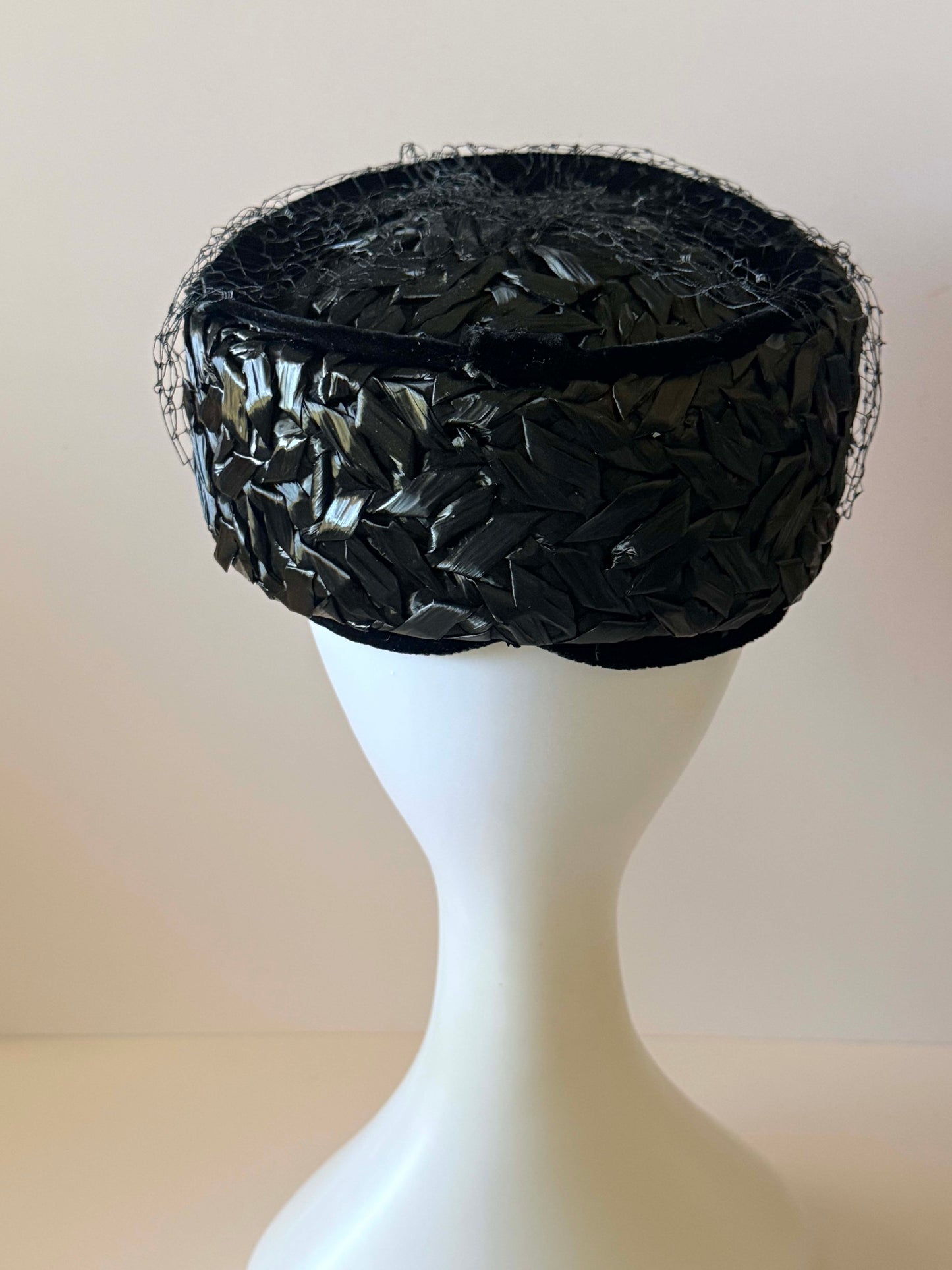 Vintage Gage Black Raffia Pillbox Hat | 1960s Veiled Cocktail Hat | Birdcage Veil | Rhinestone Hat | Mid Century Women's Millinery