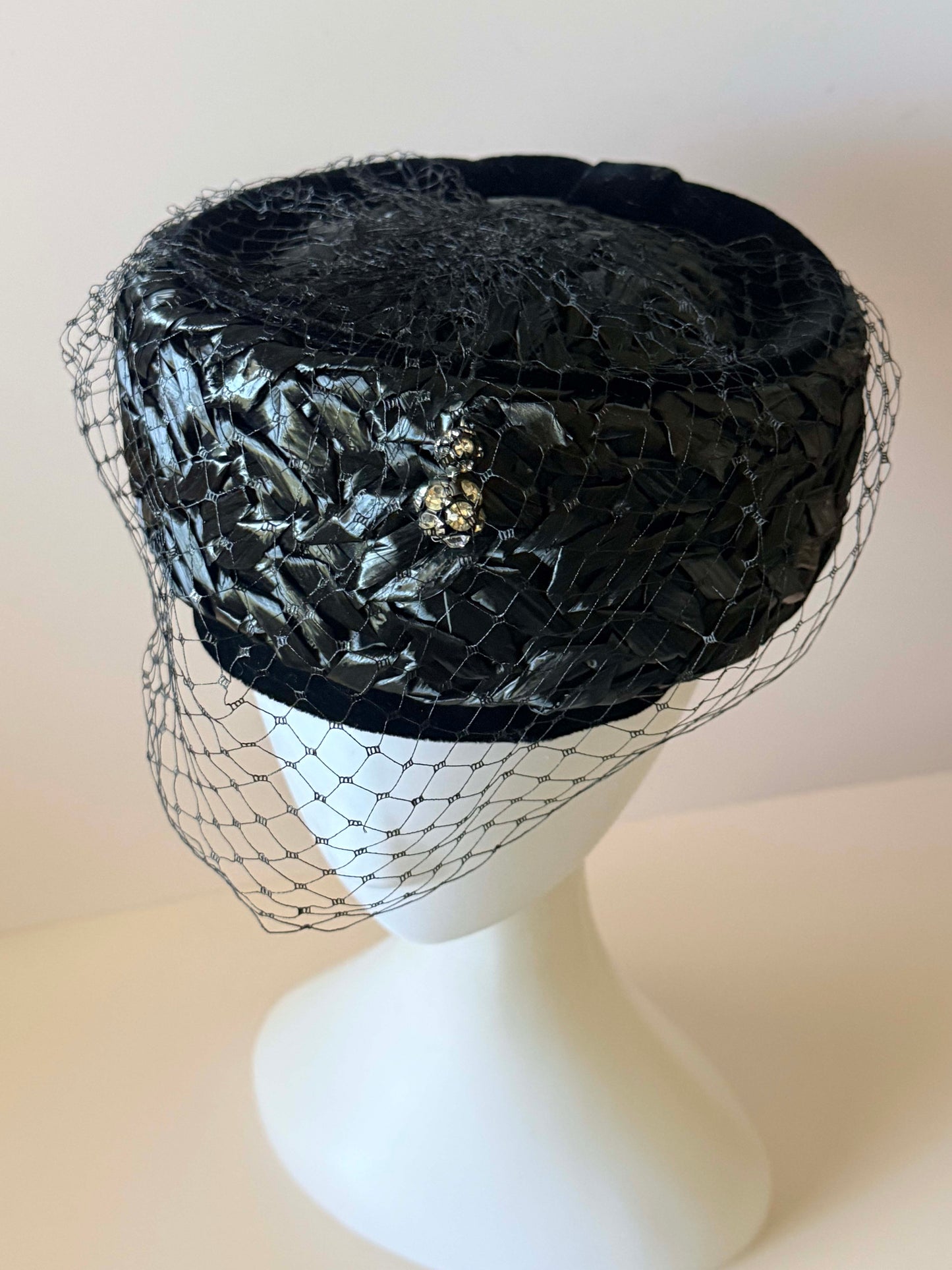 Vintage Gage Black Raffia Pillbox Hat | 1960s Veiled Cocktail Hat | Birdcage Veil | Rhinestone Hat | Mid Century Women's Millinery