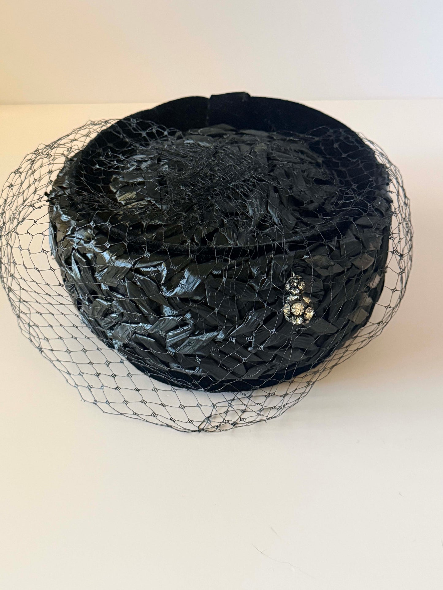 Vintage Gage Black Raffia Pillbox Hat | 1960s Veiled Cocktail Hat | Birdcage Veil | Rhinestone Hat | Mid Century Women's Millinery
