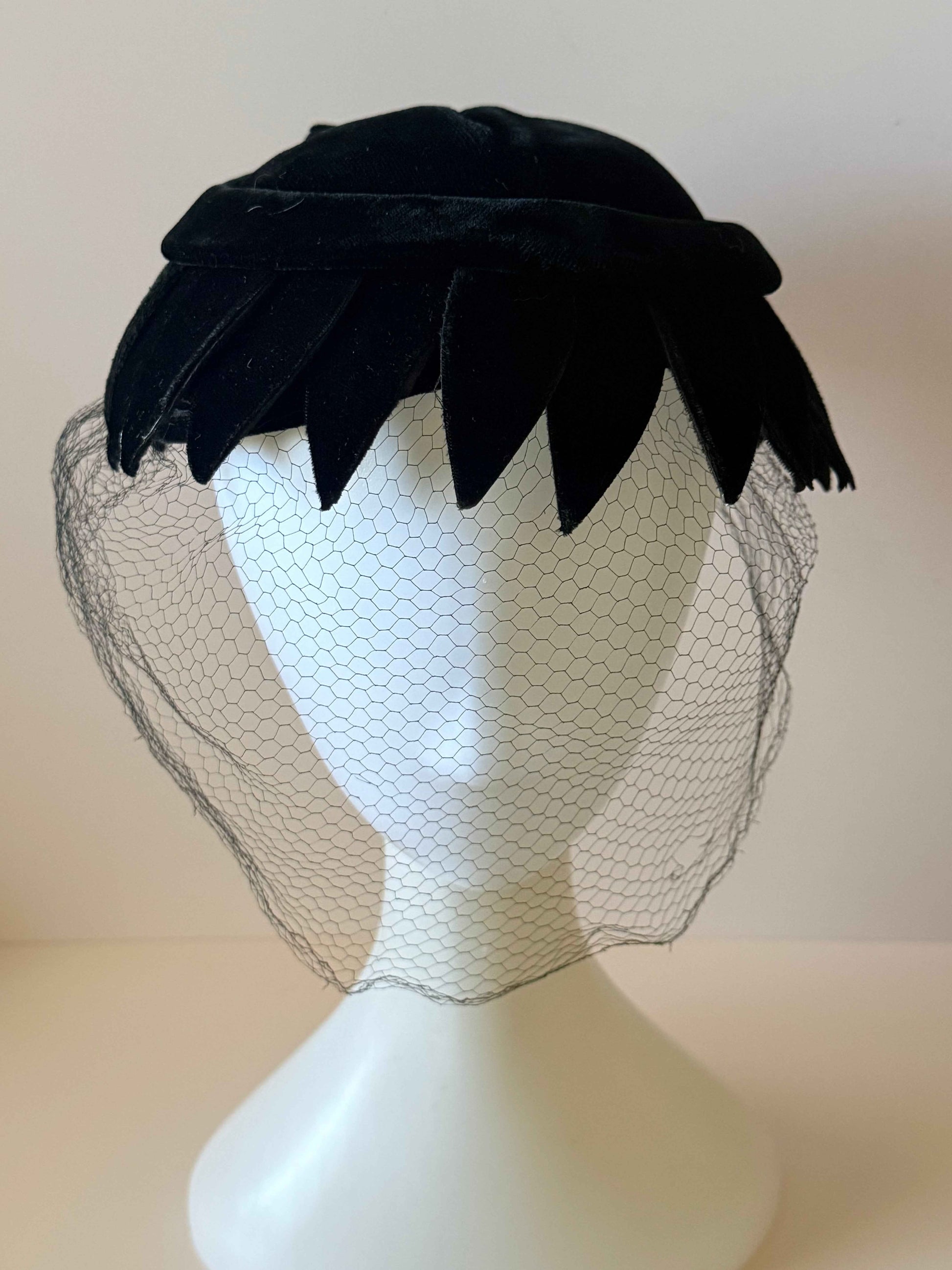 Vintage Black Velvet Veiled Pillbox Hat | 1950s Cocktail Hat | Mid Century Velvet Hat | Birdcage Veil | Rhinestone Accent | Vintage Millinery