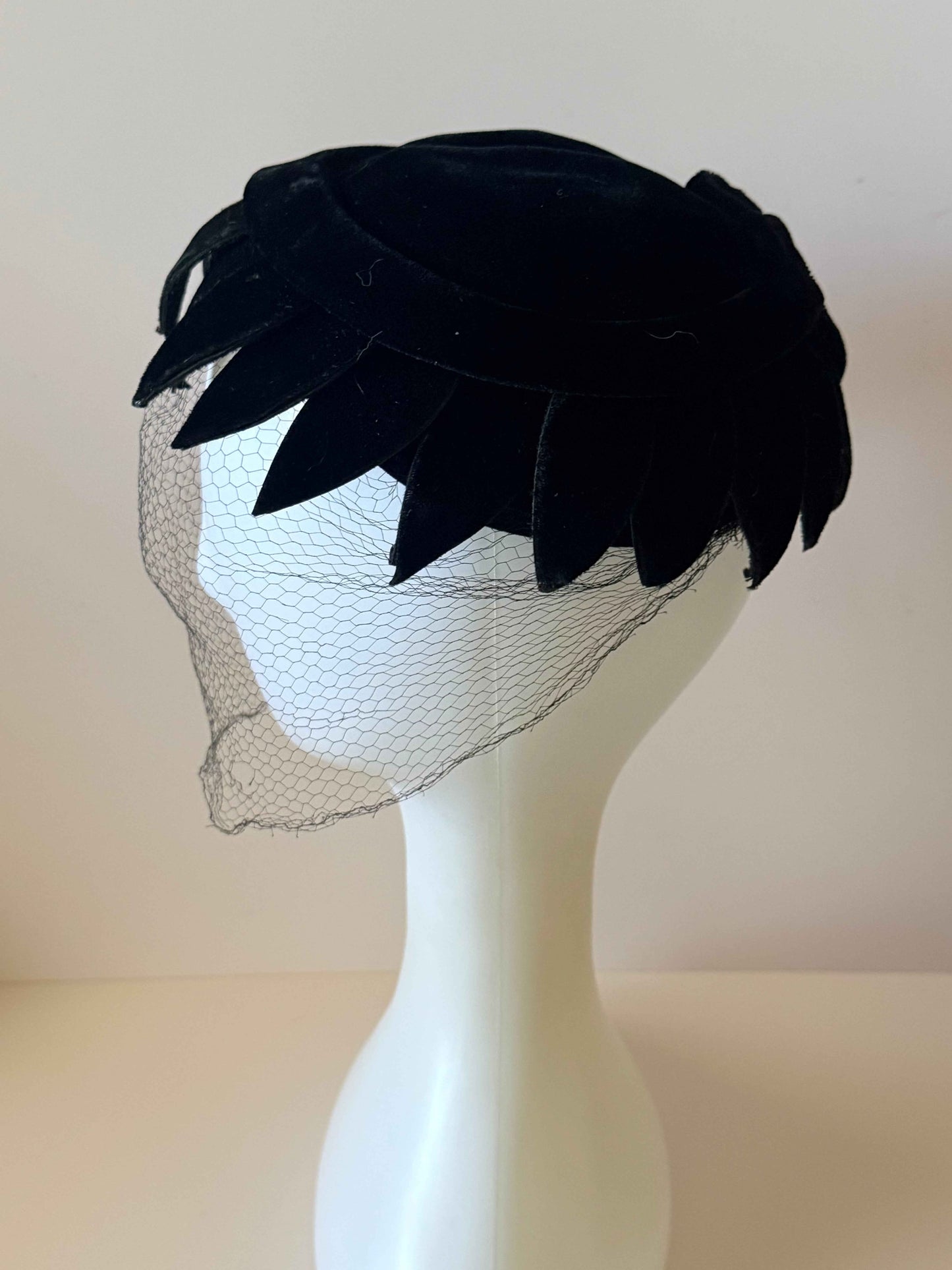 Vintage Black Velvet Veiled Pillbox Hat | 1950s Cocktail Hat | Mid Century Velvet Hat | Birdcage Veil | Rhinestone Accent | Vintage Millinery