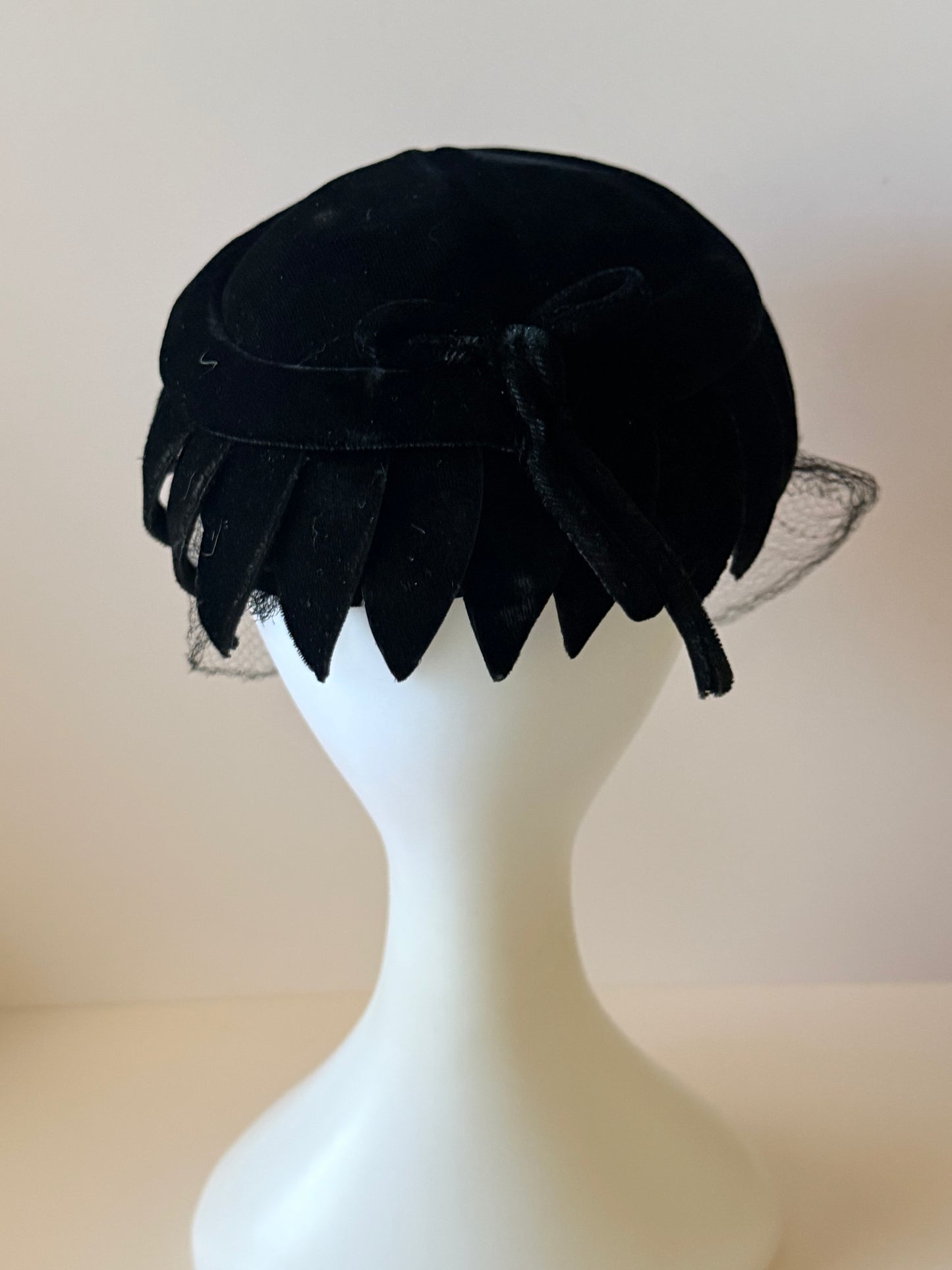 Vintage Black Velvet Veiled Pillbox Hat | 1950s Cocktail Hat | Mid Century Velvet Hat | Birdcage Veil | Rhinestone Accent | Vintage Millinery